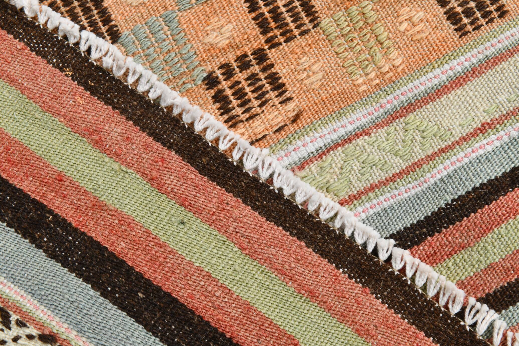 2x9 Green & Orange Striped Kilim Runner Rug, 74x276Cm