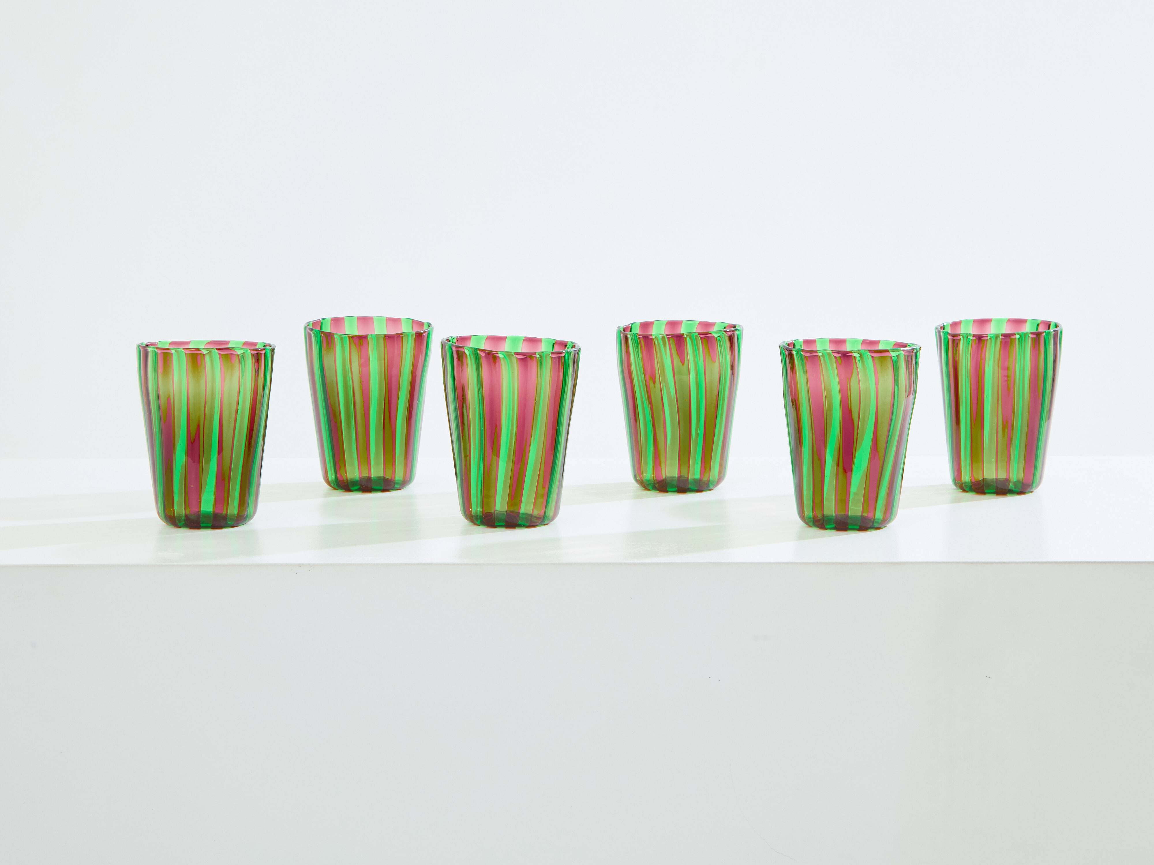 Set of 6 green and purple Murano tumbler glasses circa 1980