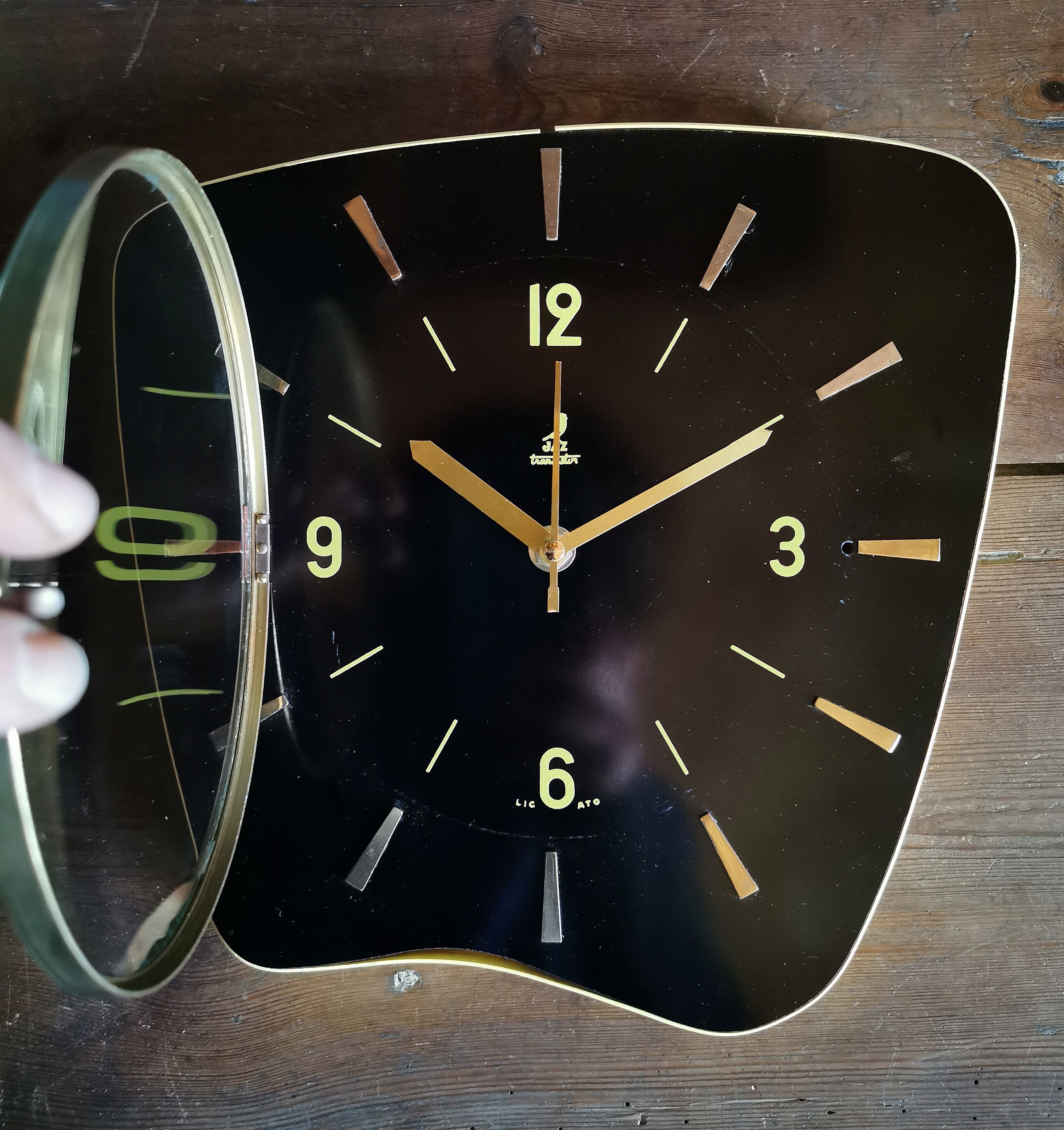 Vintage formica clock asymmetrical silent wall clock "Jaz black yellow"