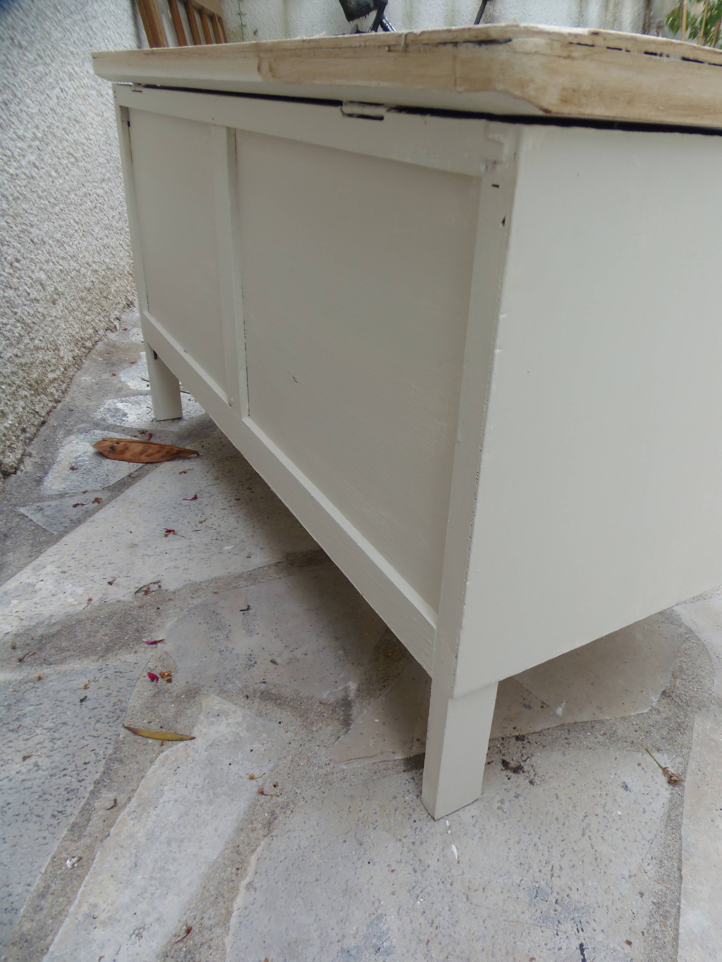 Re-enchanted vintage toy chest in beige, wooden tray.