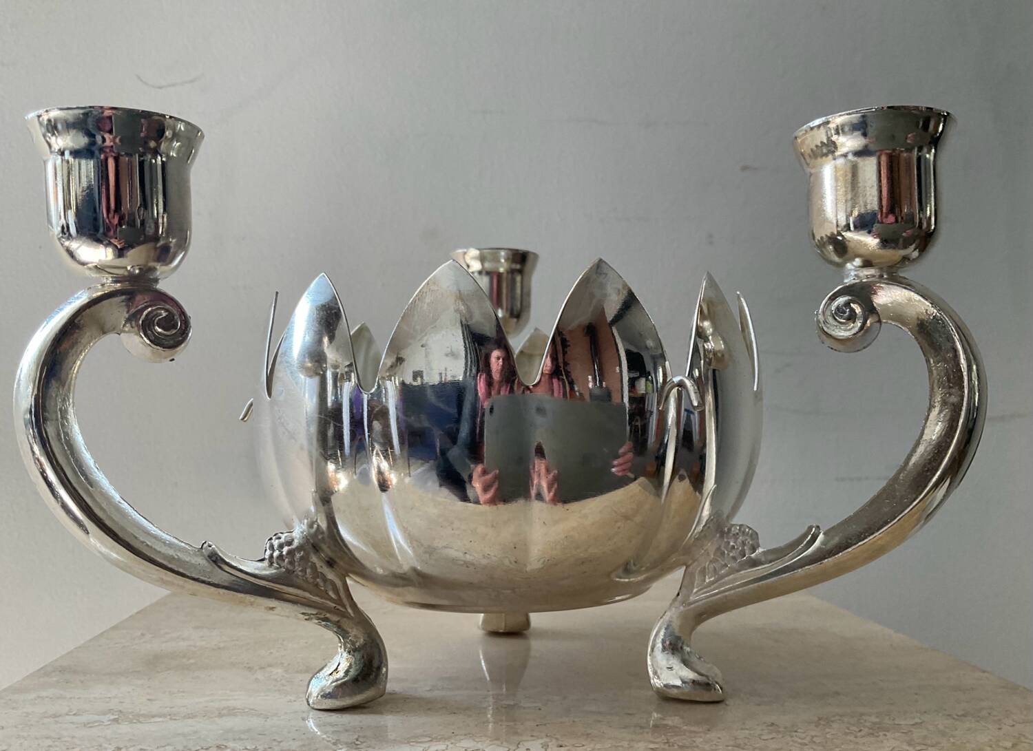 Lotus candle holder vintage spade flowers 3 lights silver metal