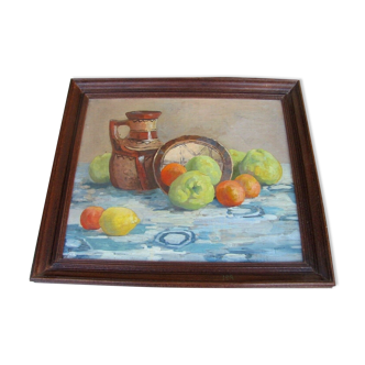 Still life painting: oriental fruits and ceramics