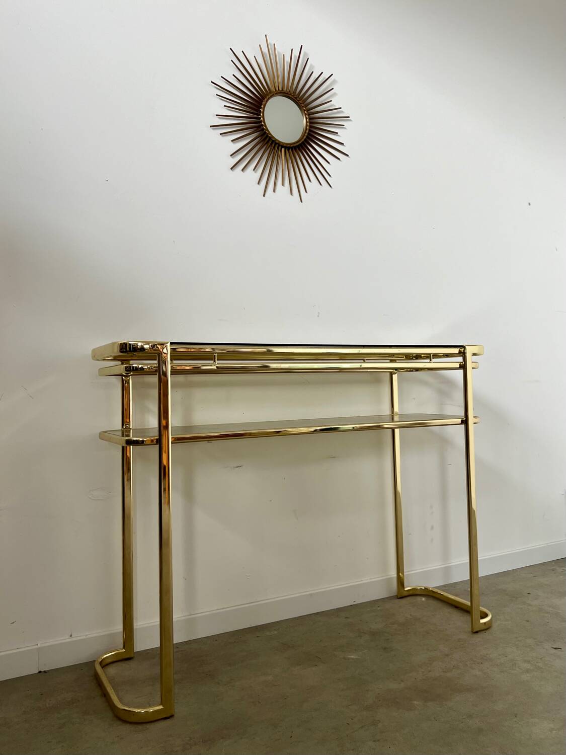 Ancienne console en laiton doré design italien Milo Baughman pour Morex Année 70 vintage