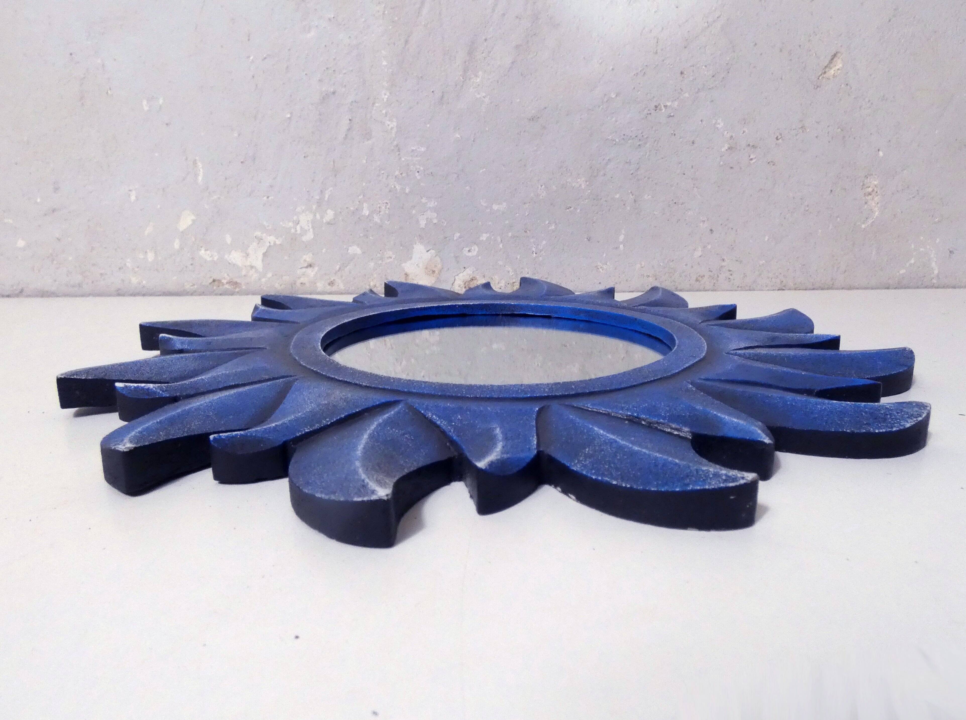 Miroir soleil bleu en bois sculpté vintage