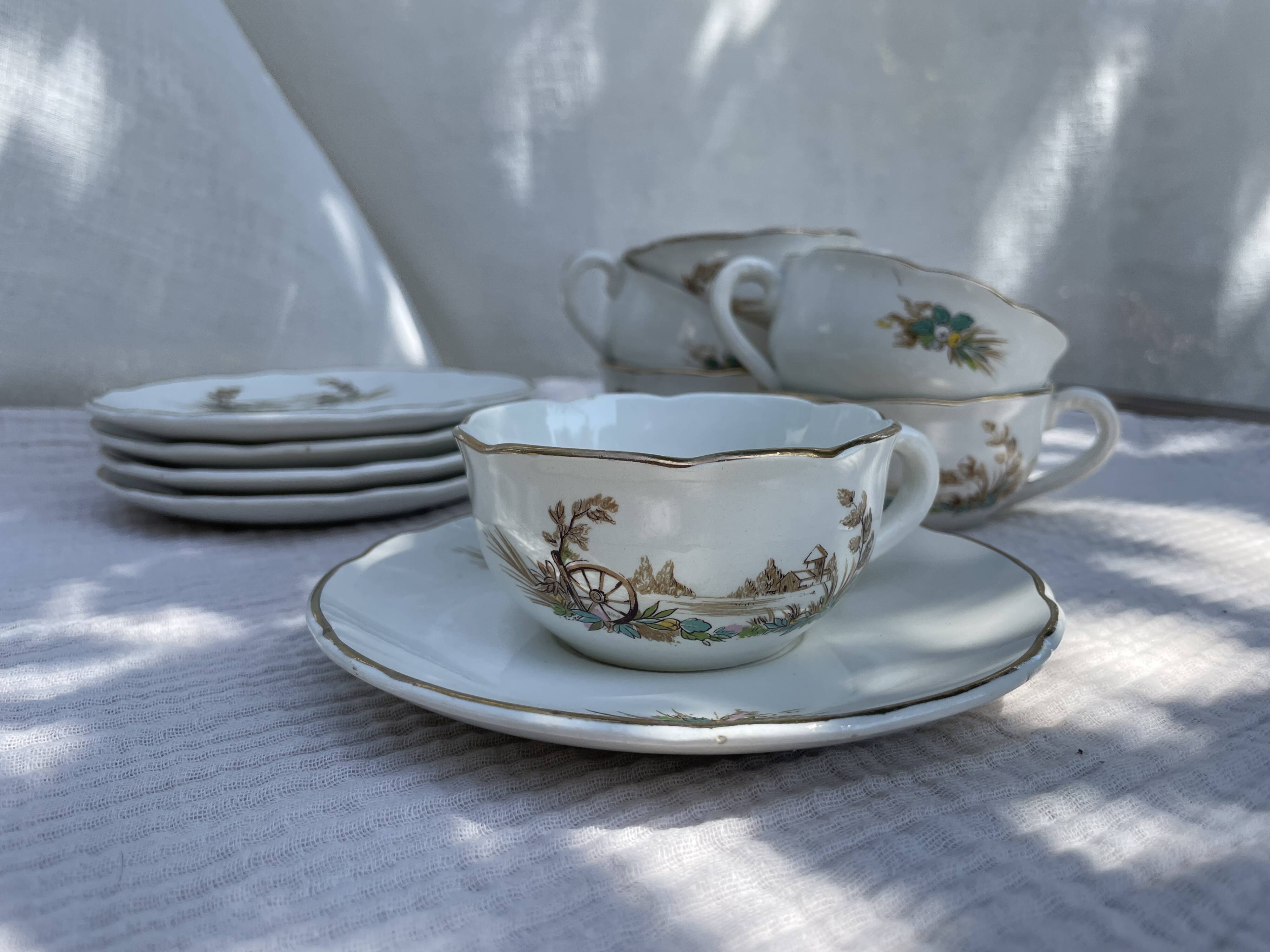 Vintage set of 5 porcelain plates and 5 cups – Digoin Sarreguemines