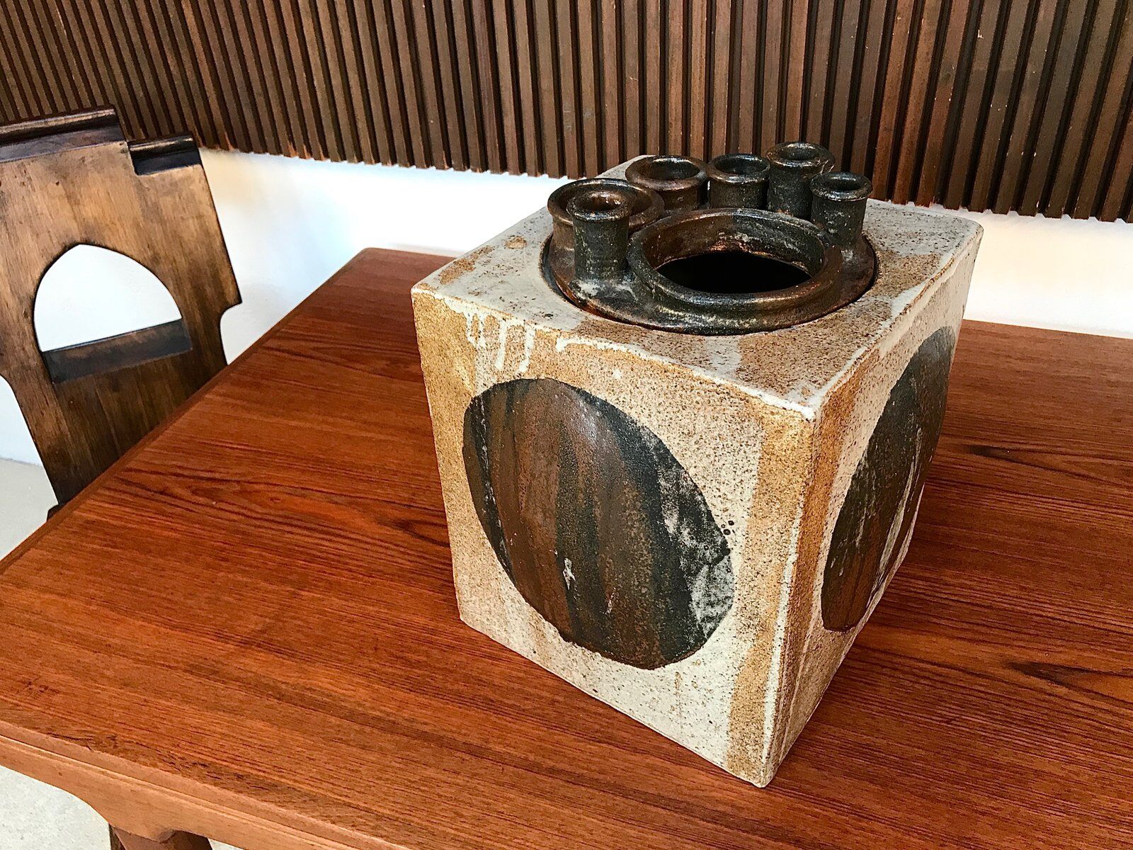Brutalist ceramic art cube vase by Annette Merkenthaler, Germany 1960s