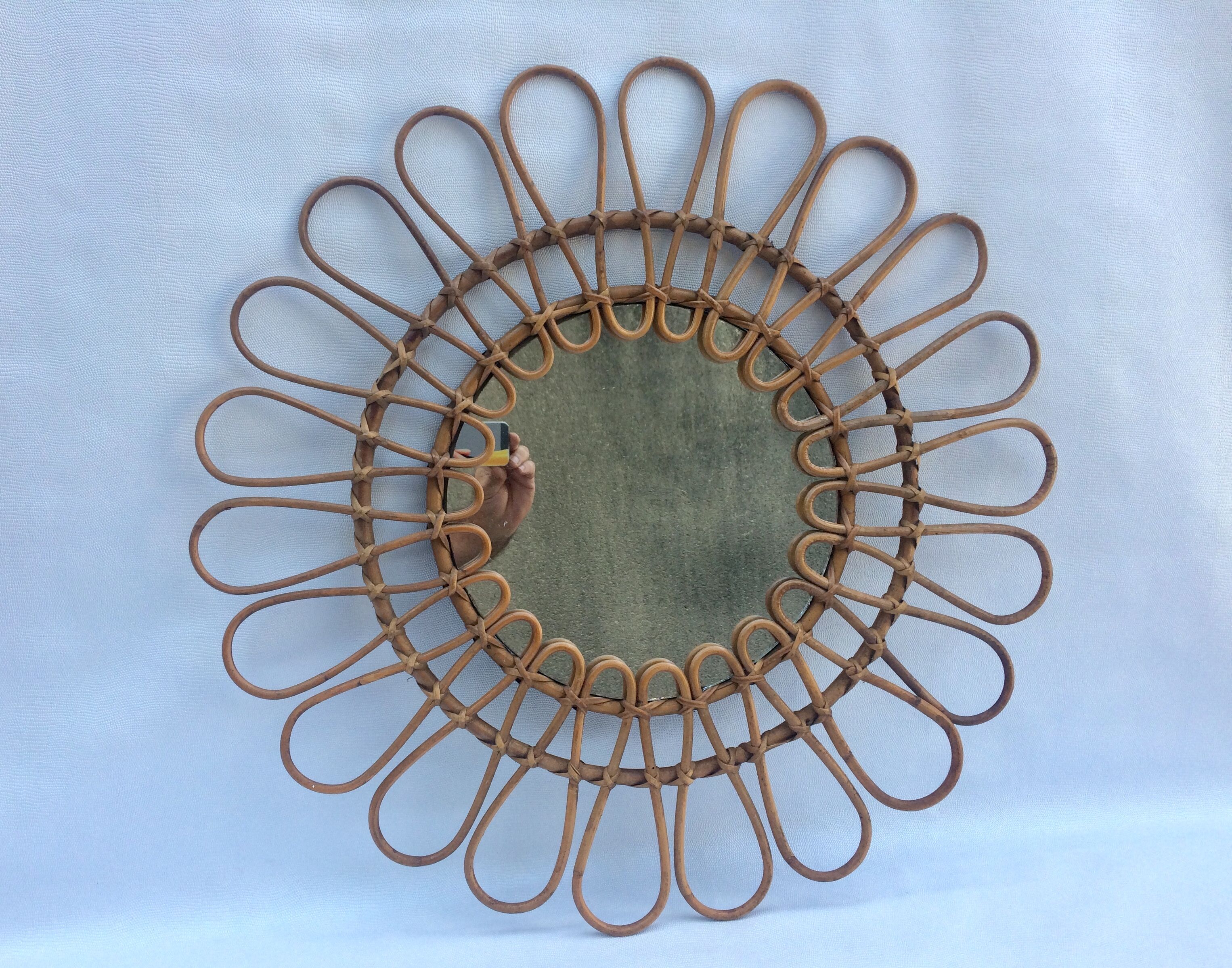 Miroir soleil rotin original vintage 70 59x27cm