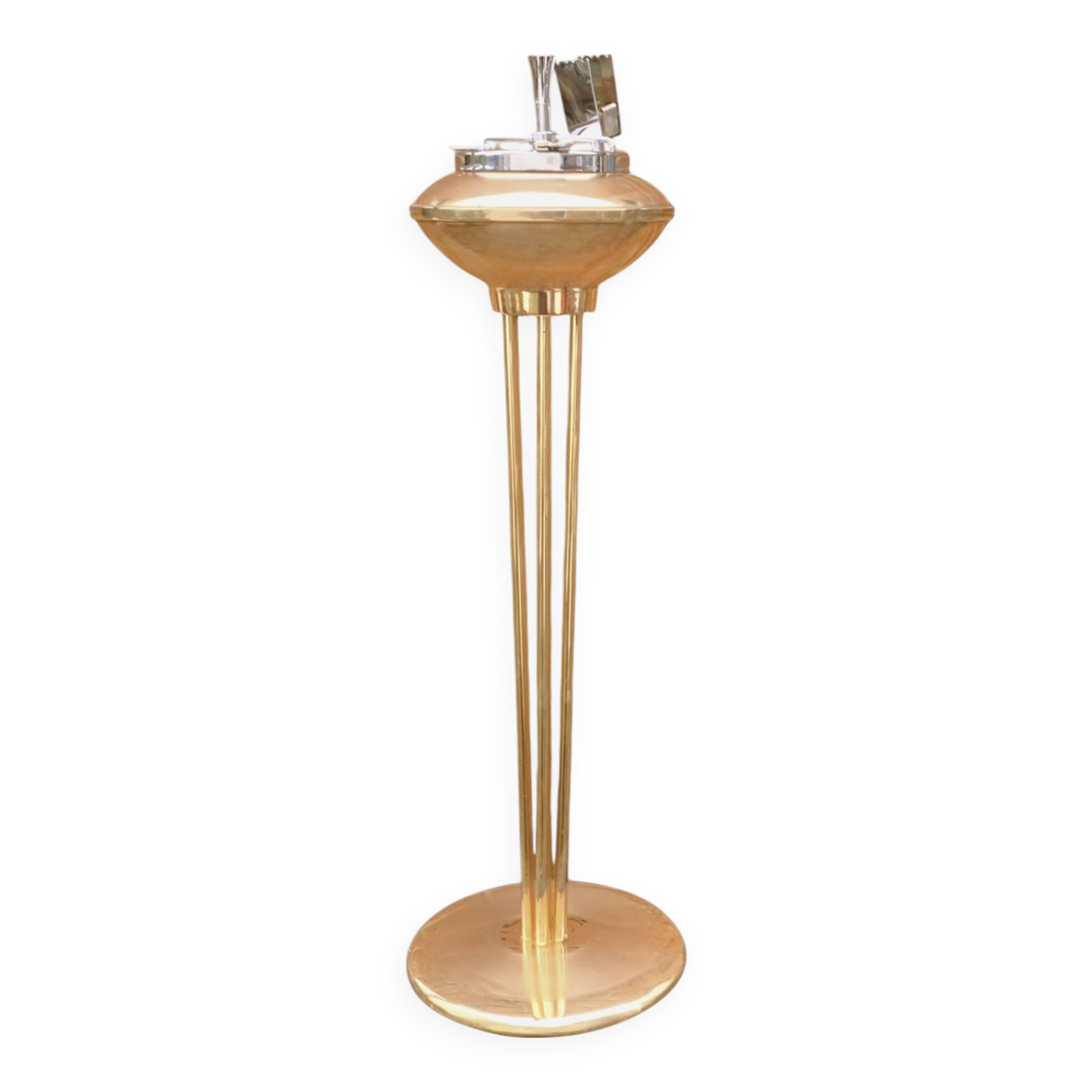Old brass and chrome-plated metal ashtray on stand