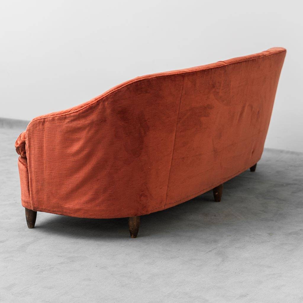 Divano 3 posti en velluto arancione anni '50 vintage modernariato