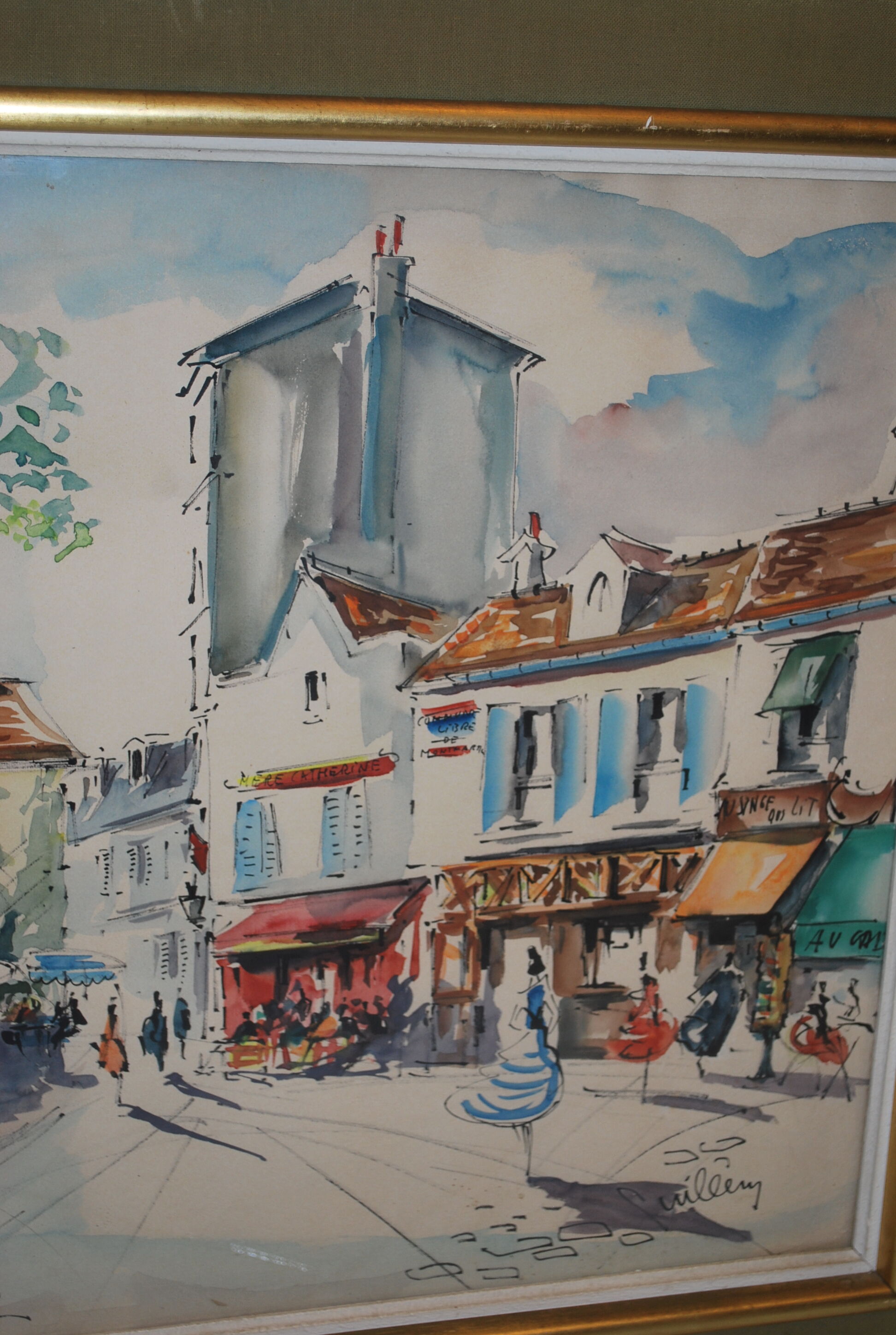 Tableau aquarelle Montmartre Place du Tertre Paris signé Guillery