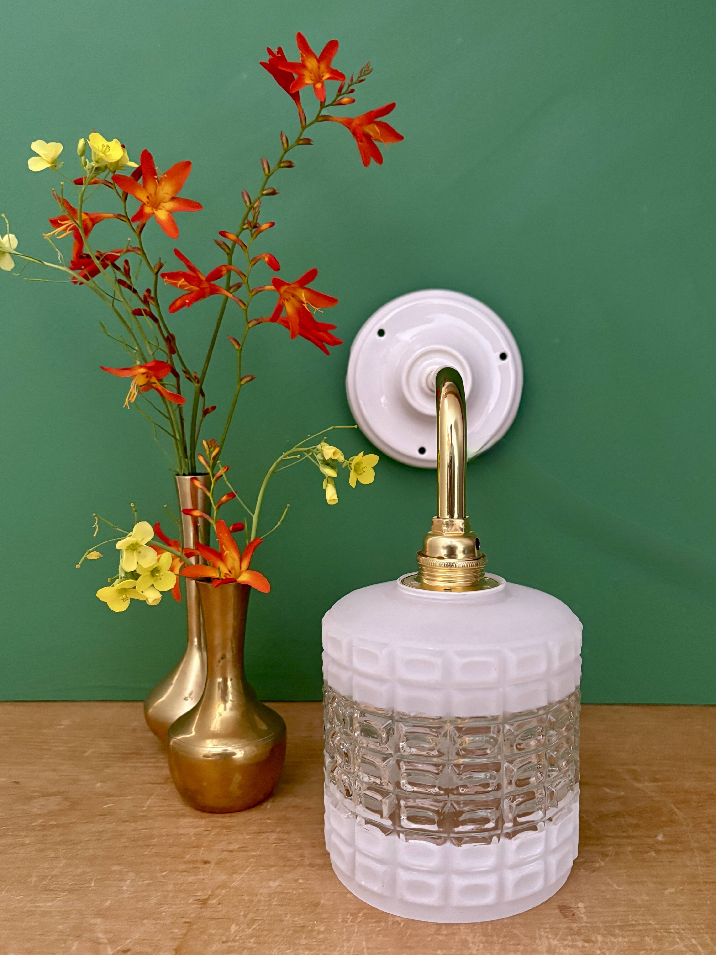 Vintage globe angled wall light in white and clear glass