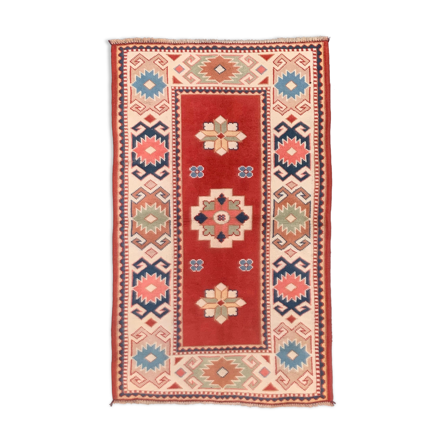 Old turkish kazak rug 140x83 cm vintage, red and blue