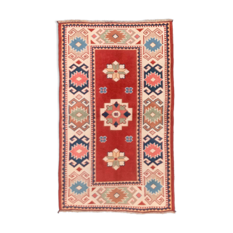 Old turkish kazak rug 140x83 cm vintage, red and blue