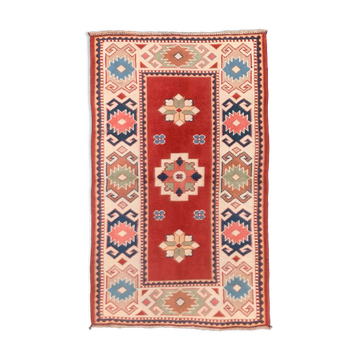 Old turkish kazak rug 140x83 cm vintage, red and blue