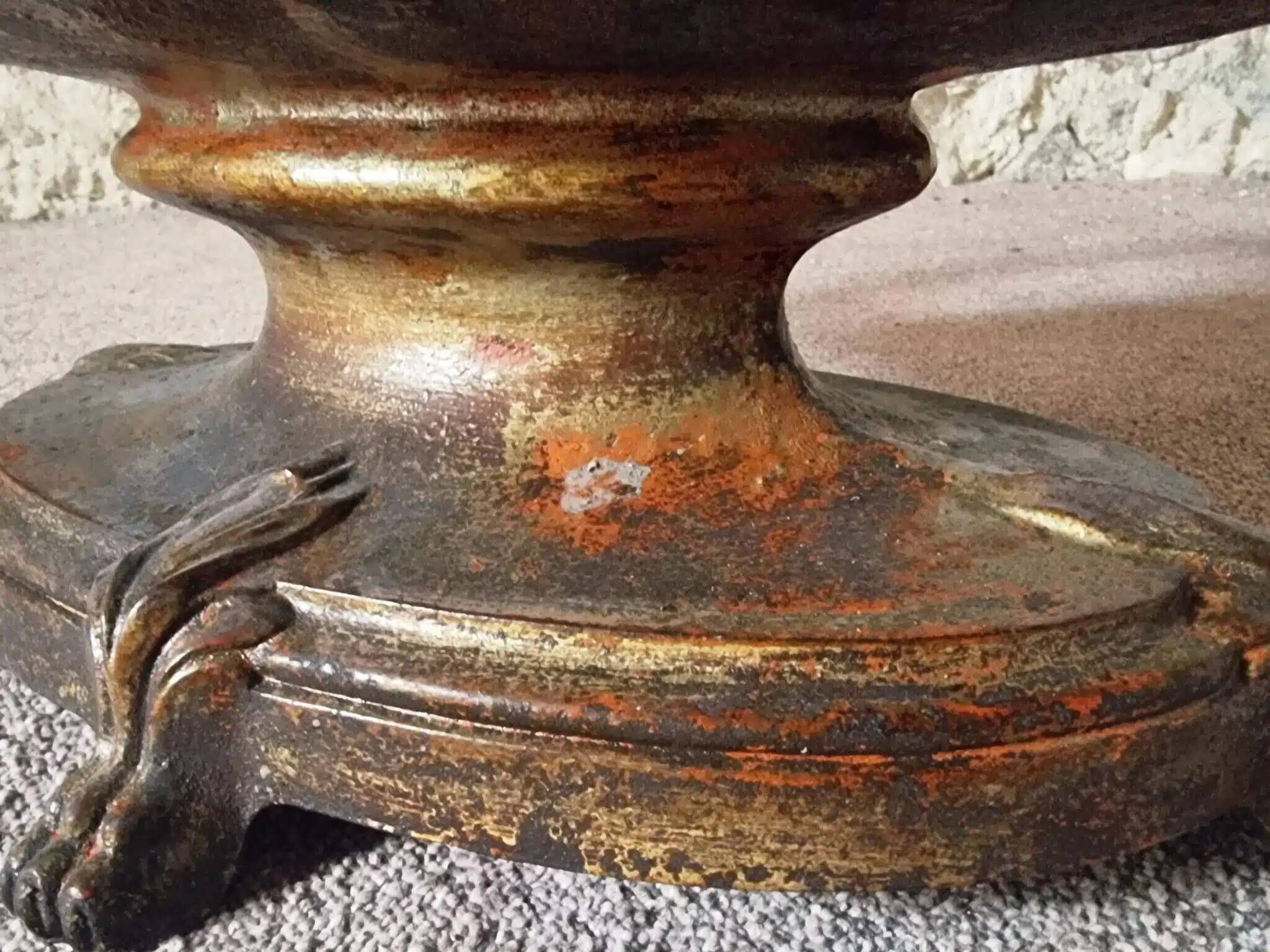 Large antique cast iron planter on a stand, brown-gold patina, France, circa 1900.