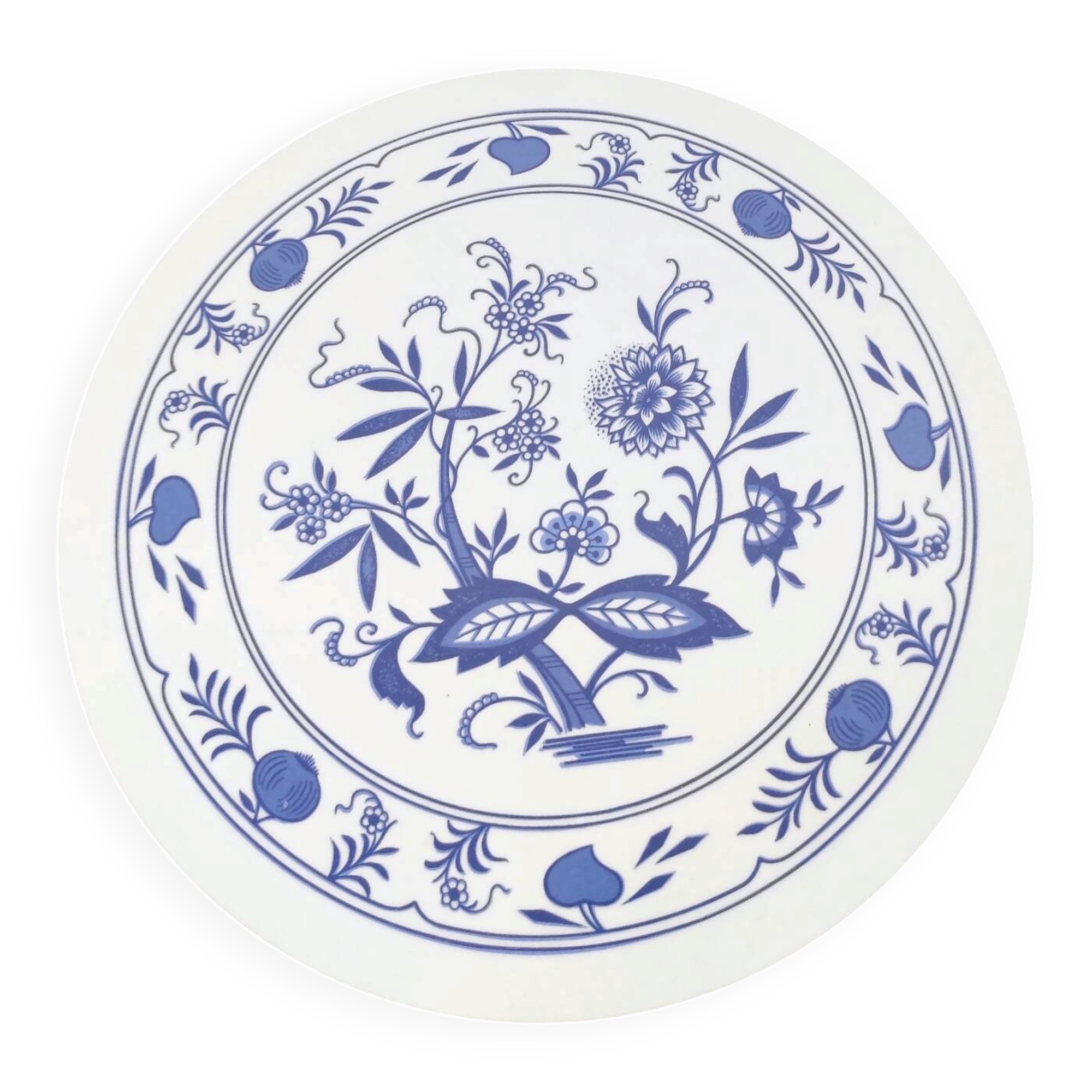 Vintage round trivet with blue floral pattern - 1970s