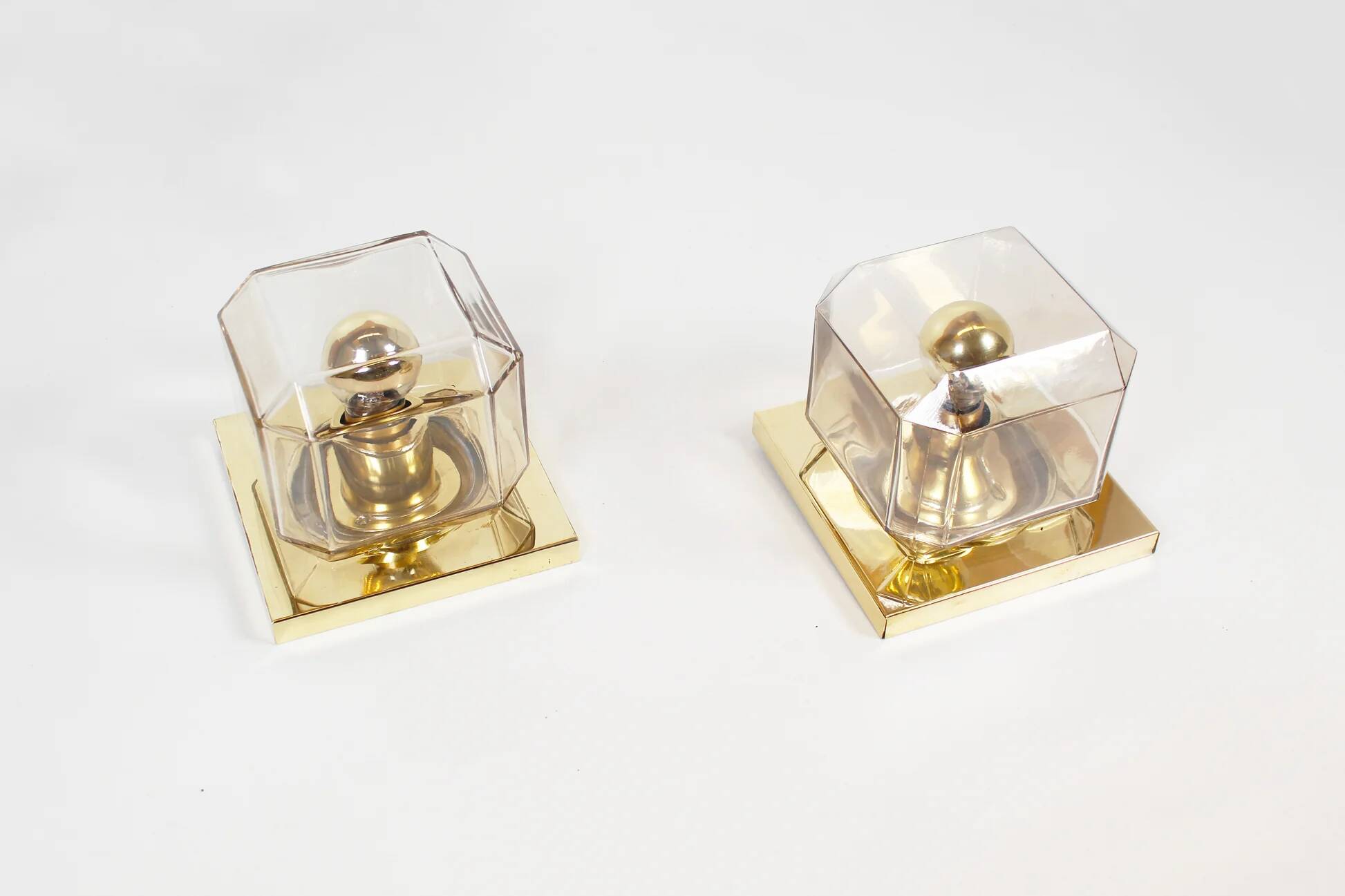Pair of glass and brass wall lamps by Glashutte Limburg