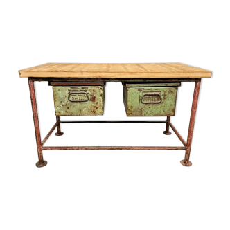 Red Industrial Worktable with Two Green Iron Drawers, 1960s