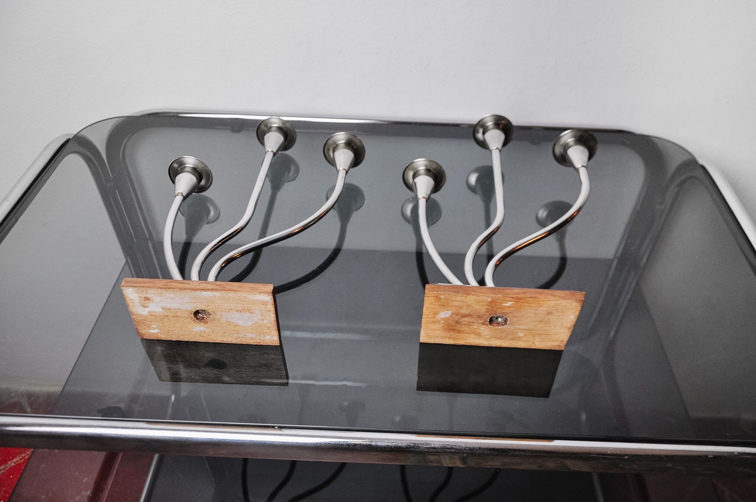 Pair of art deco candle holder in stainless steel 3 flames, Spain, 1970