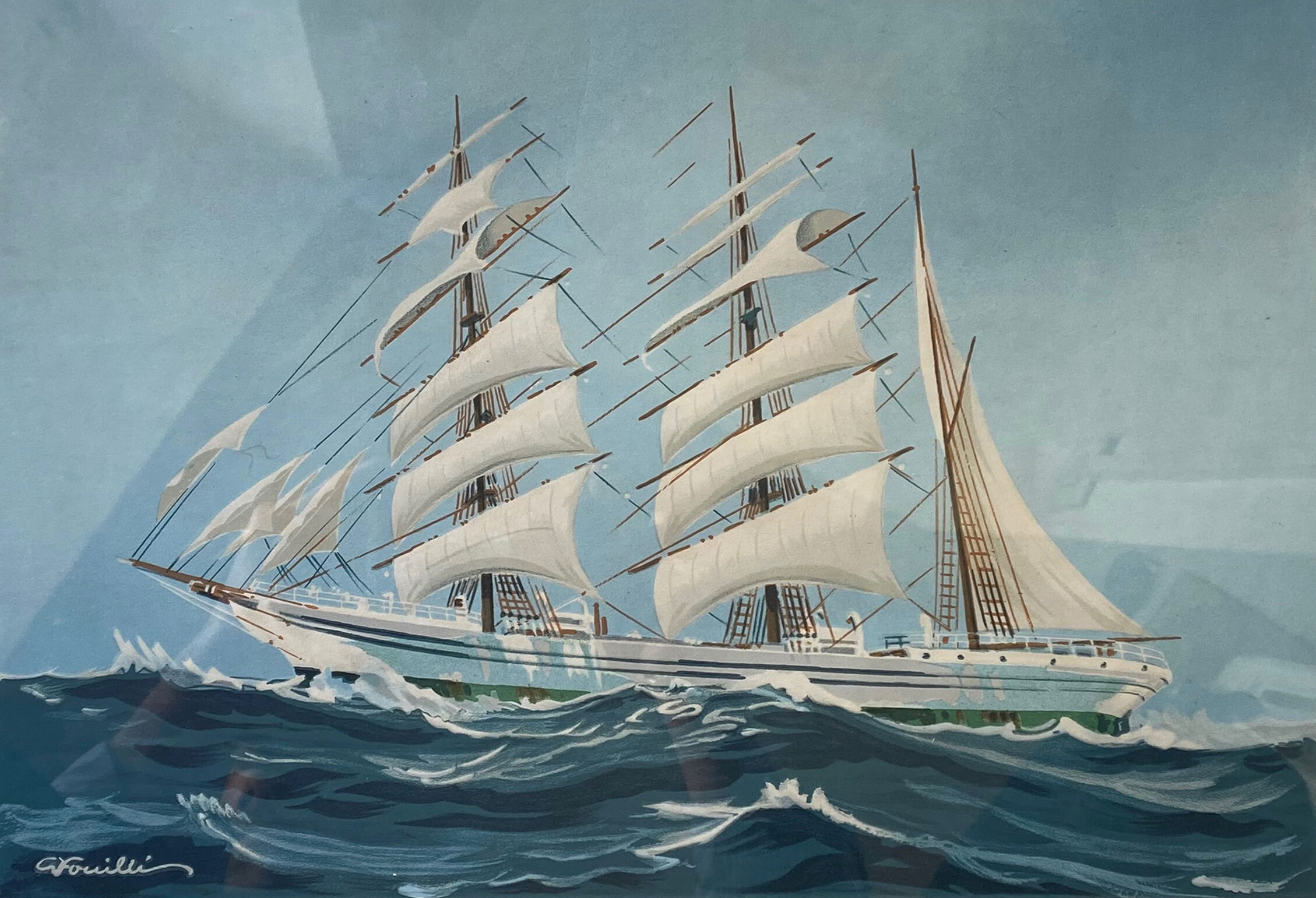 Painting litho Georges Fouillé (1909-1994) three-masted boat marine