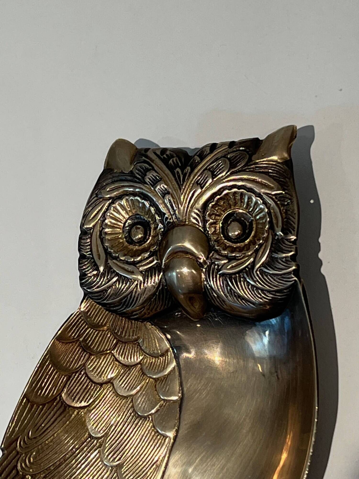 Brass Owl Catchall with Chiseled Feather Decoration. Italian Work in the