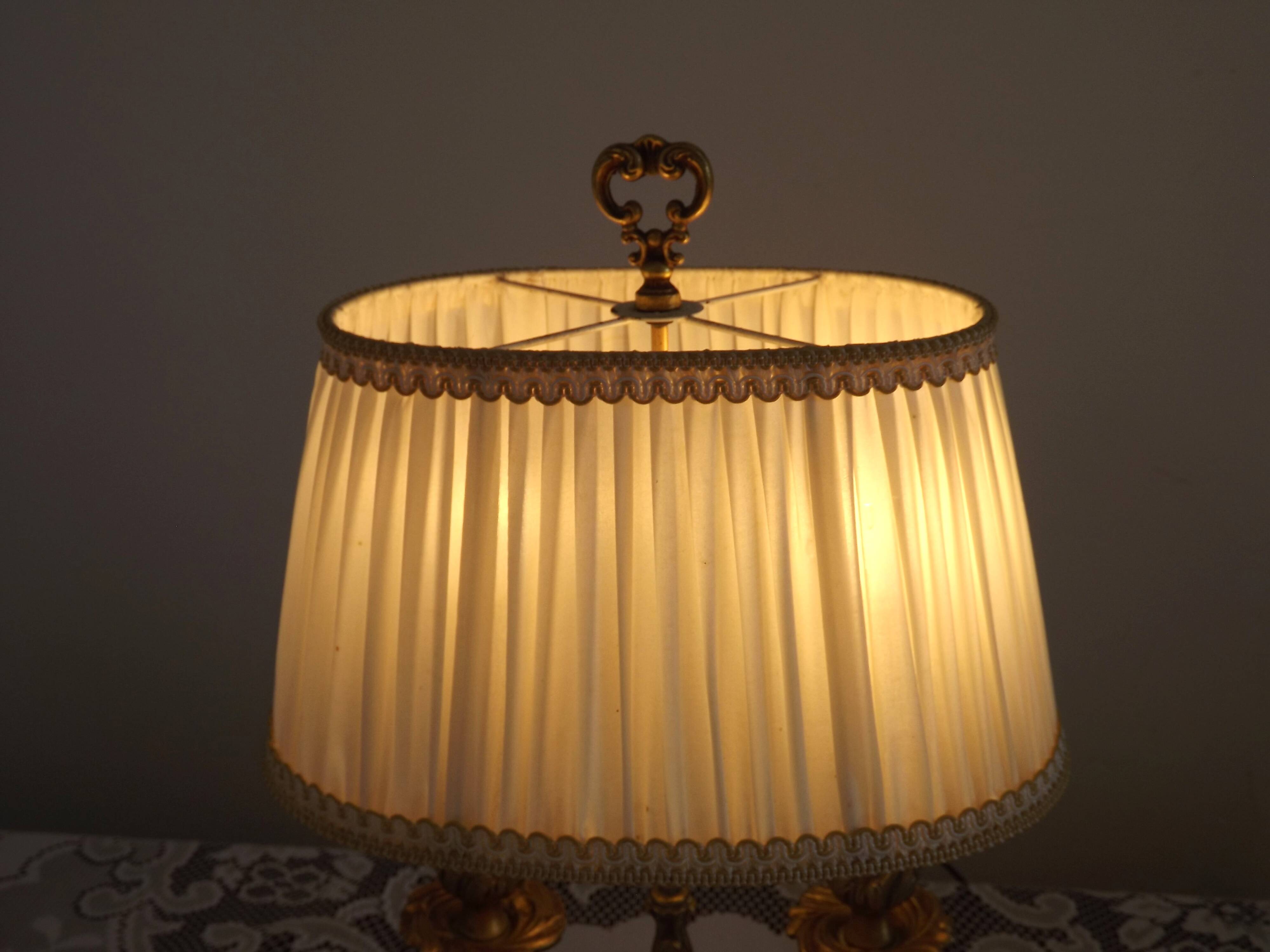 French Antique 2 Light Bronze Boulotte Table Lamp With Cream Pleated Shade
