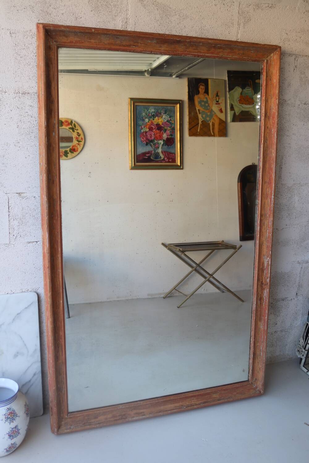 Large antique mirror in patinated wood h170cm