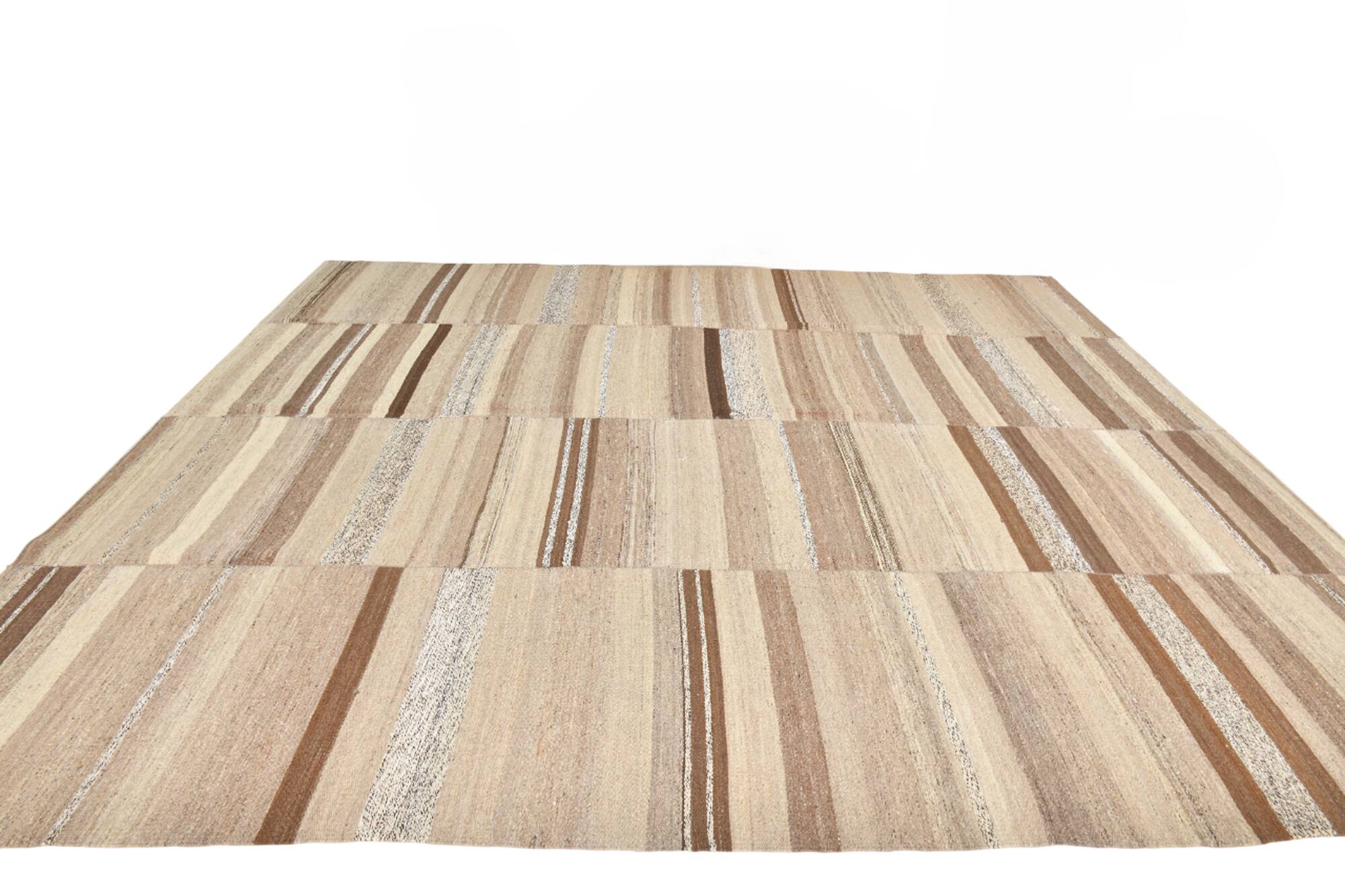 Brown & Beige Striped Large Vintage Kilim Rug, 306x336Cm