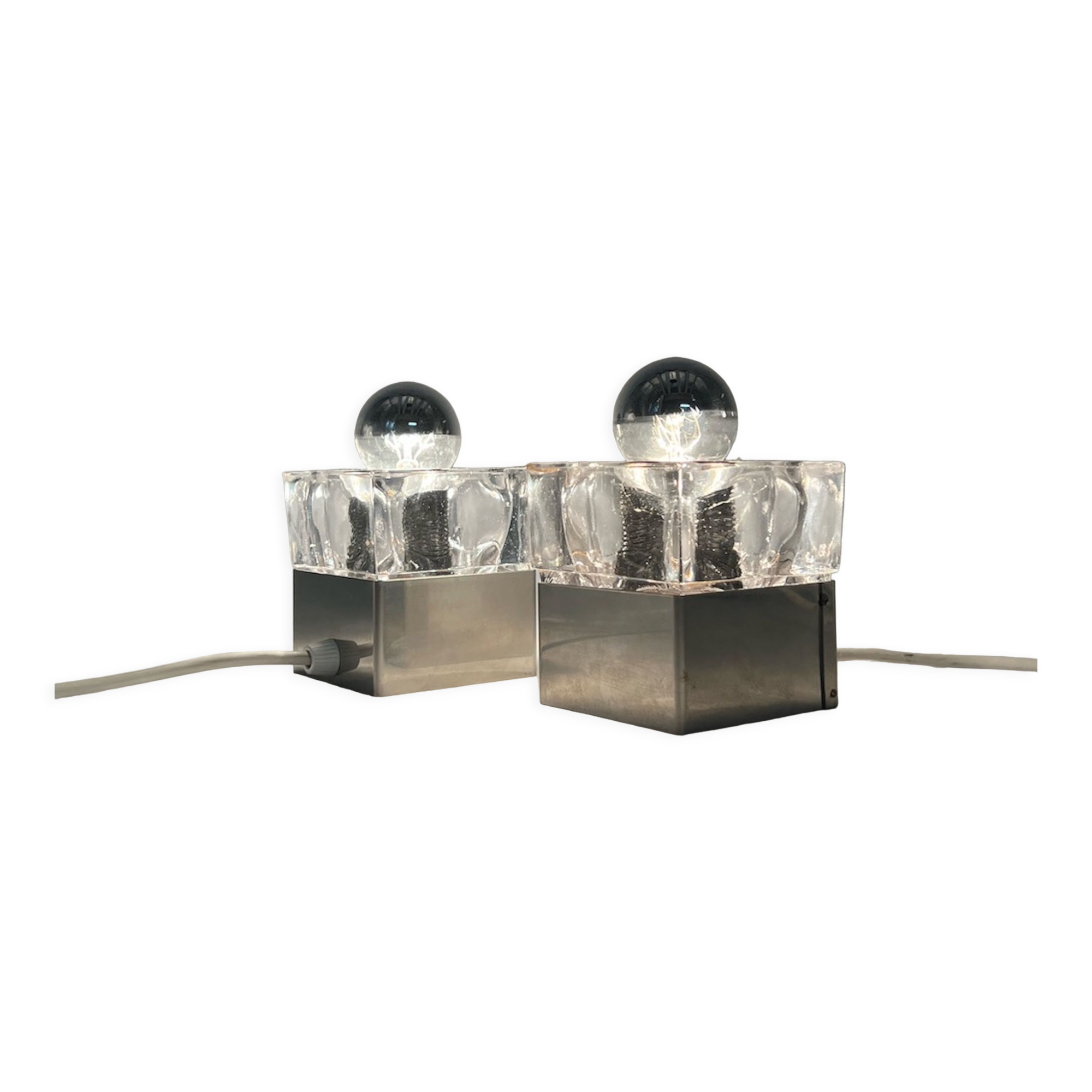 Cubic metal and glass bedside lamps, 70s