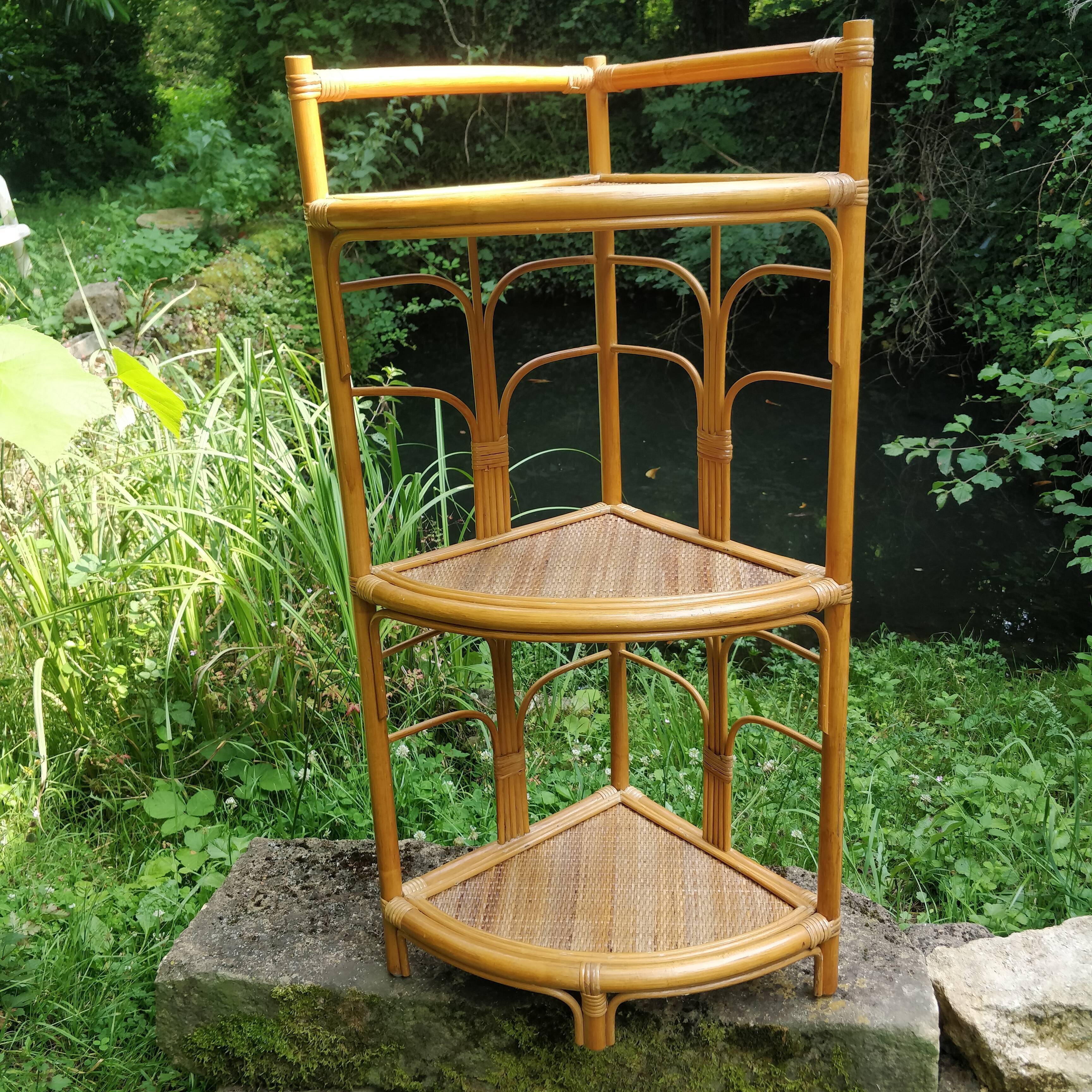 Rattan and bamboo corner shelf