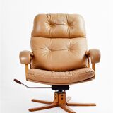 Brown leather armchair & ottoman, 1970