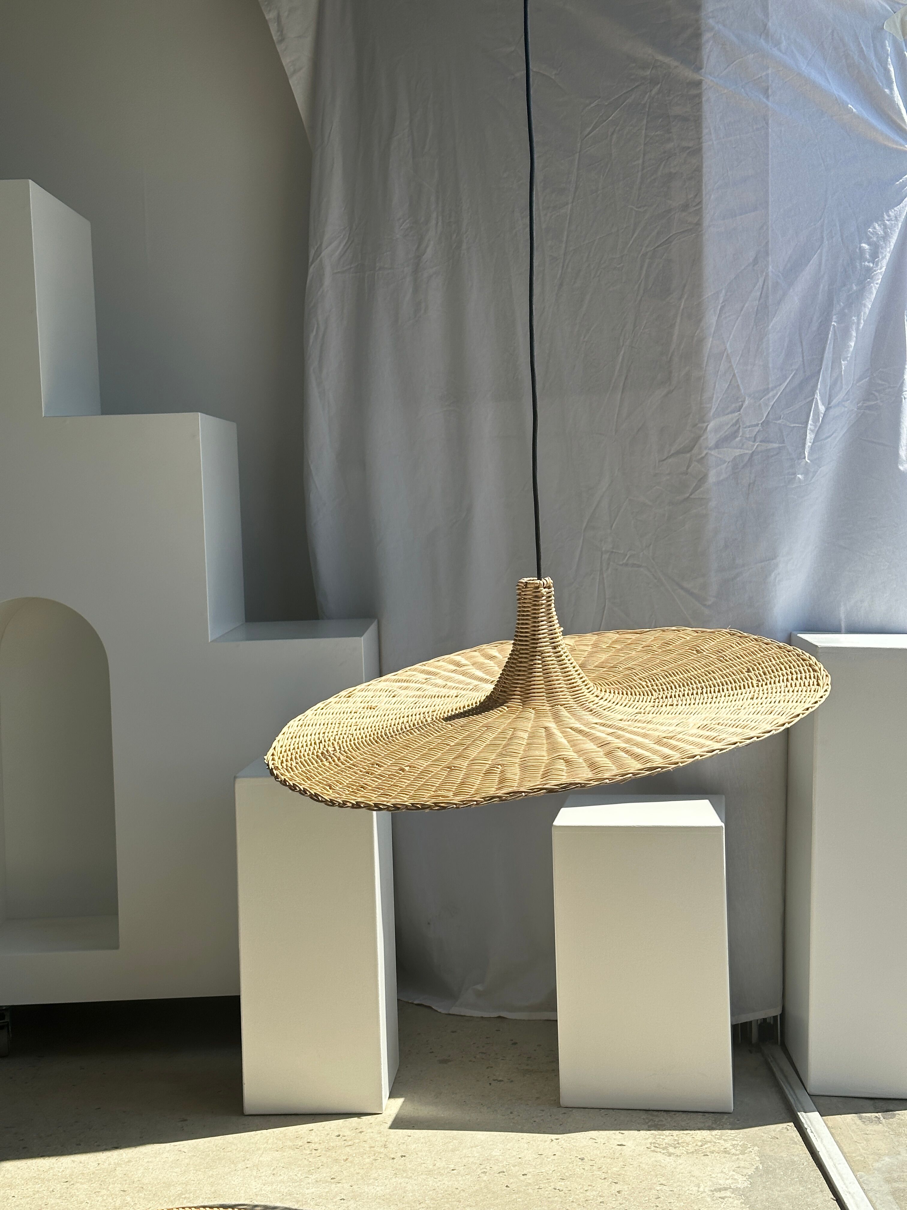 Large suspension, rattan luminaire in hat shape D:80cm