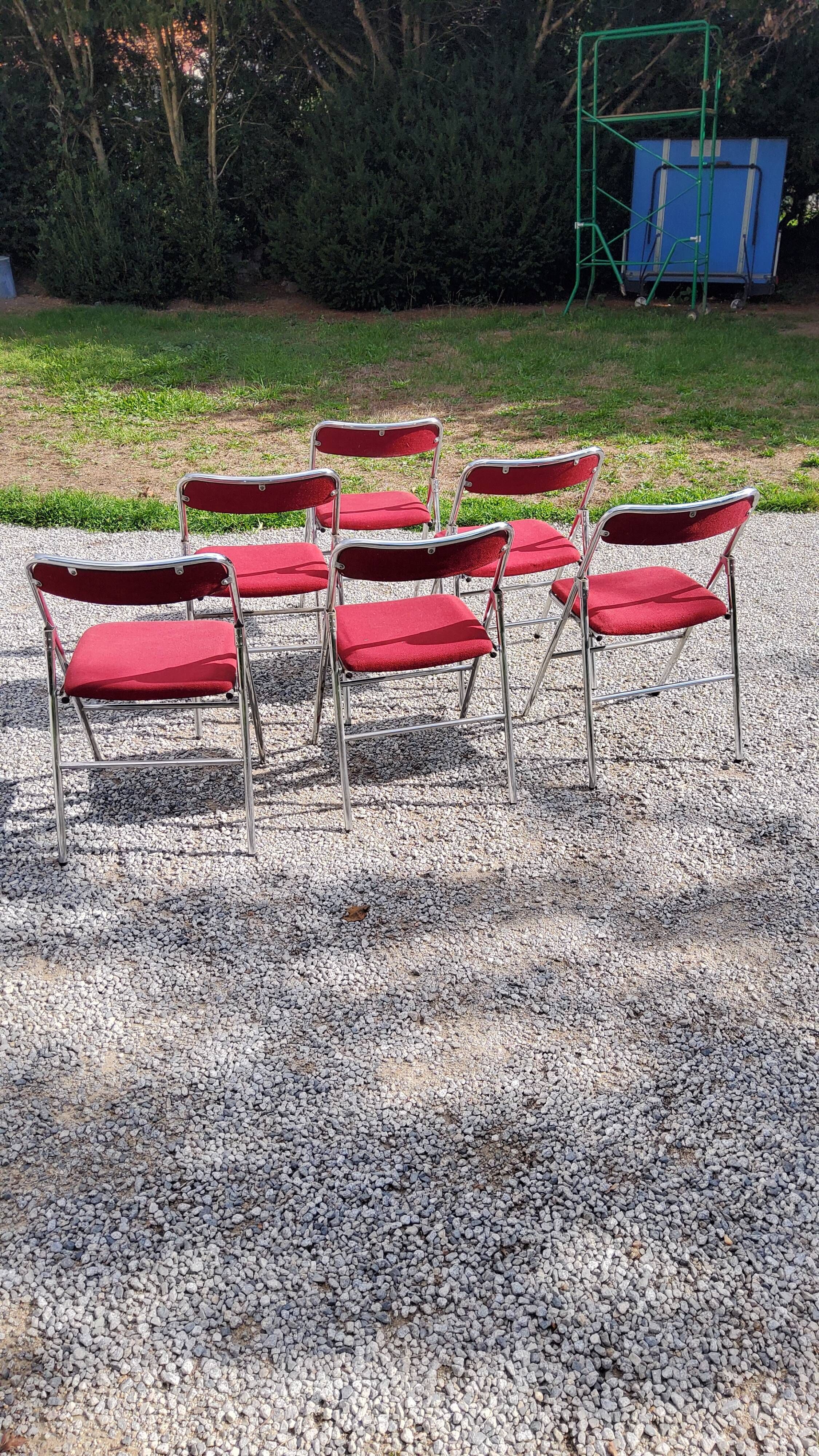 Set of 6 folding chairs from the 70s tweed and chrome metal