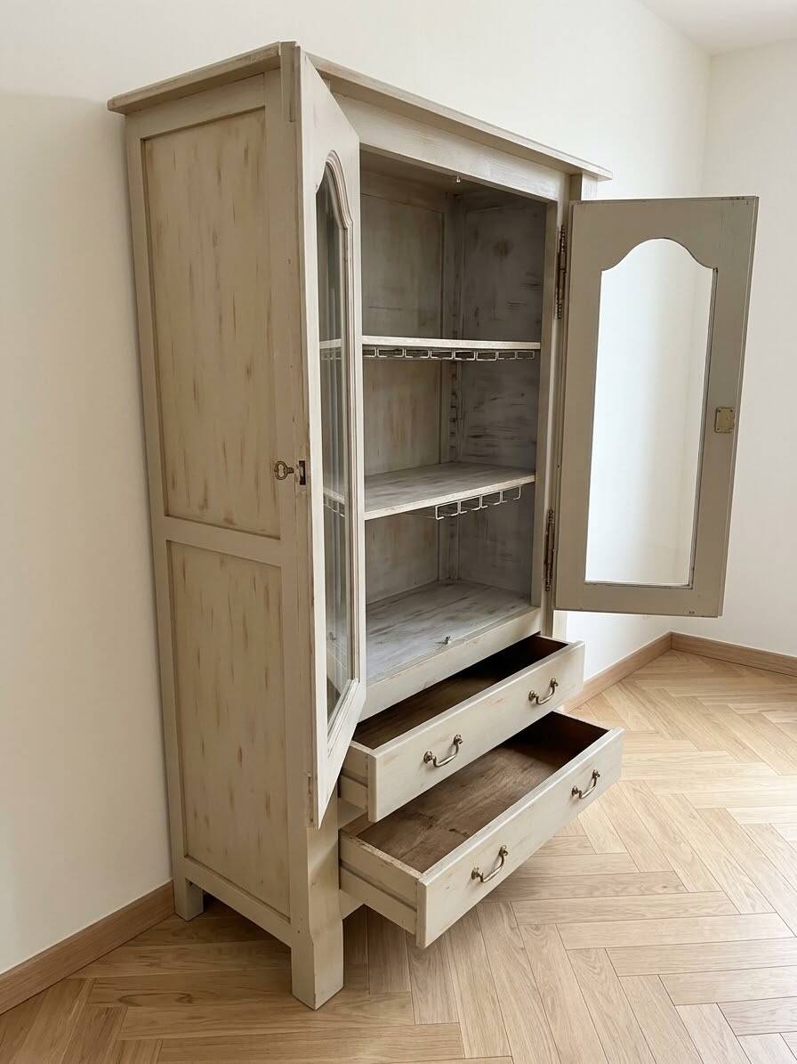 Antique beige wooden display cabinet with glass doors.