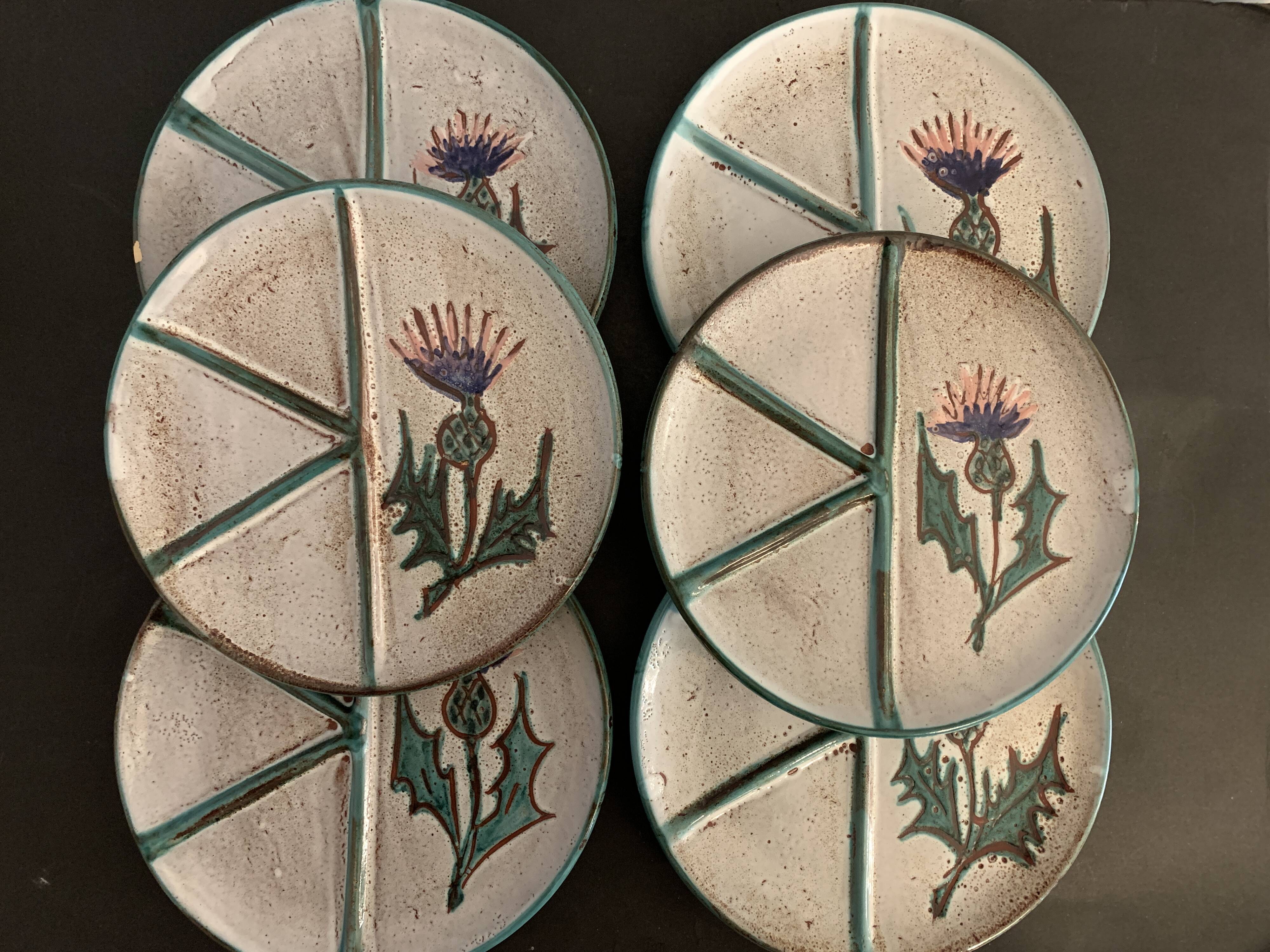 6 ceramic plates, model chardons, Daniel Etienne, Vallauris, 1970