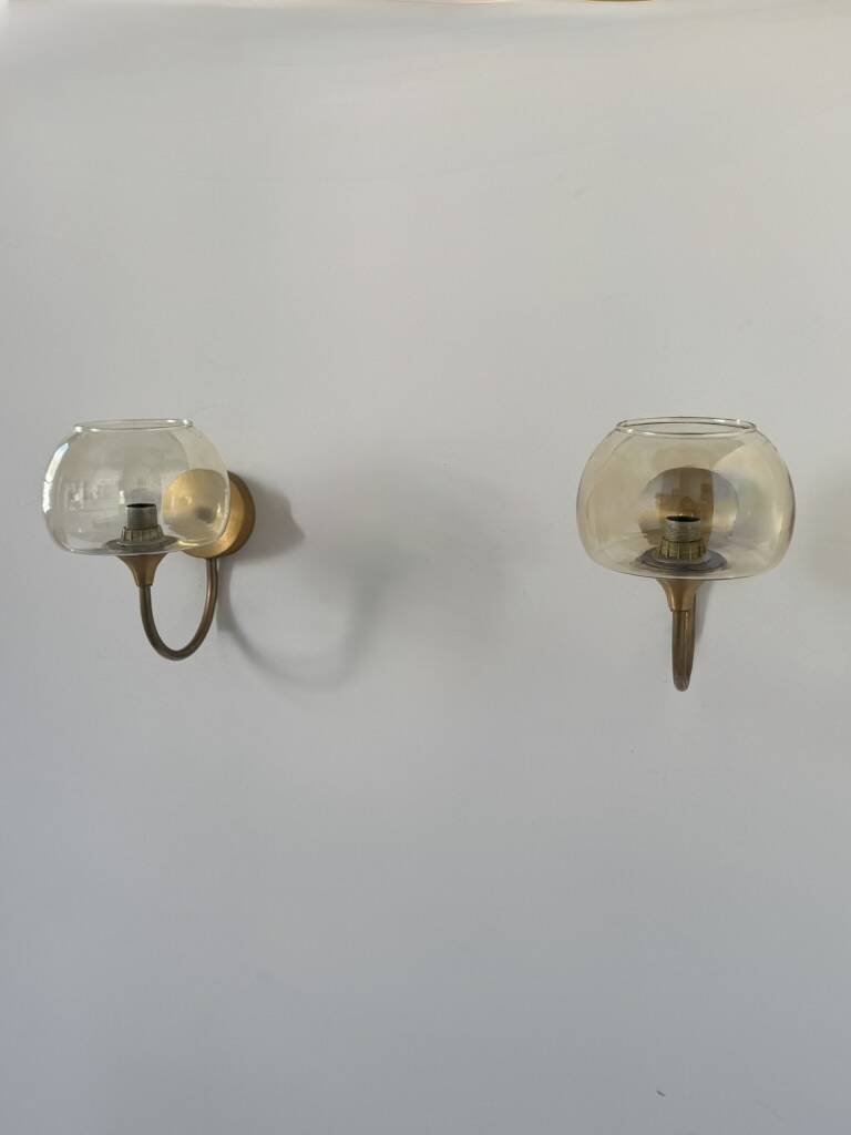 Pair of vintage wall lights in brass and smoked glass, France, 1970.