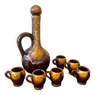 Ensemble Carafe Vintage Marius Giuge Vallauris et verres à liqueur