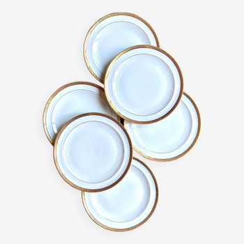 6 Giraud dessert plates in white and gold Limoges porcelain