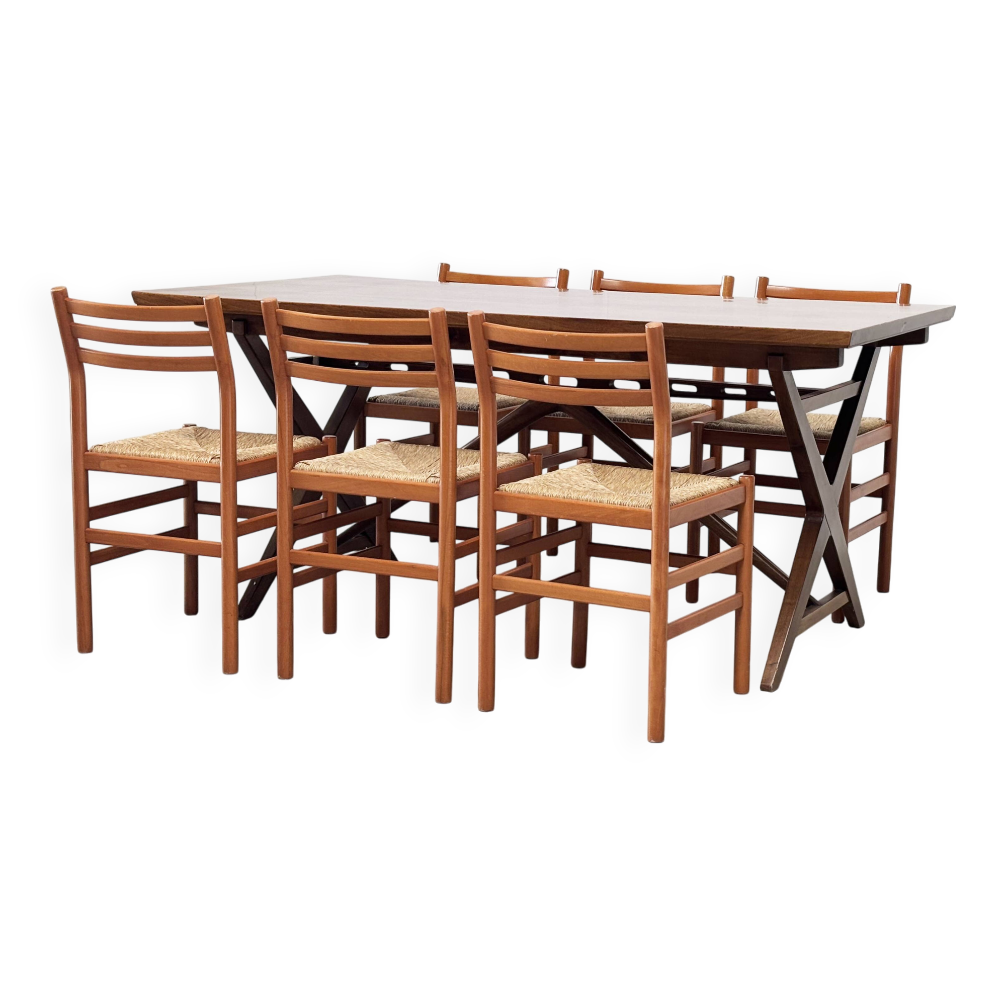 Set of six walnut and rattan dining chairs