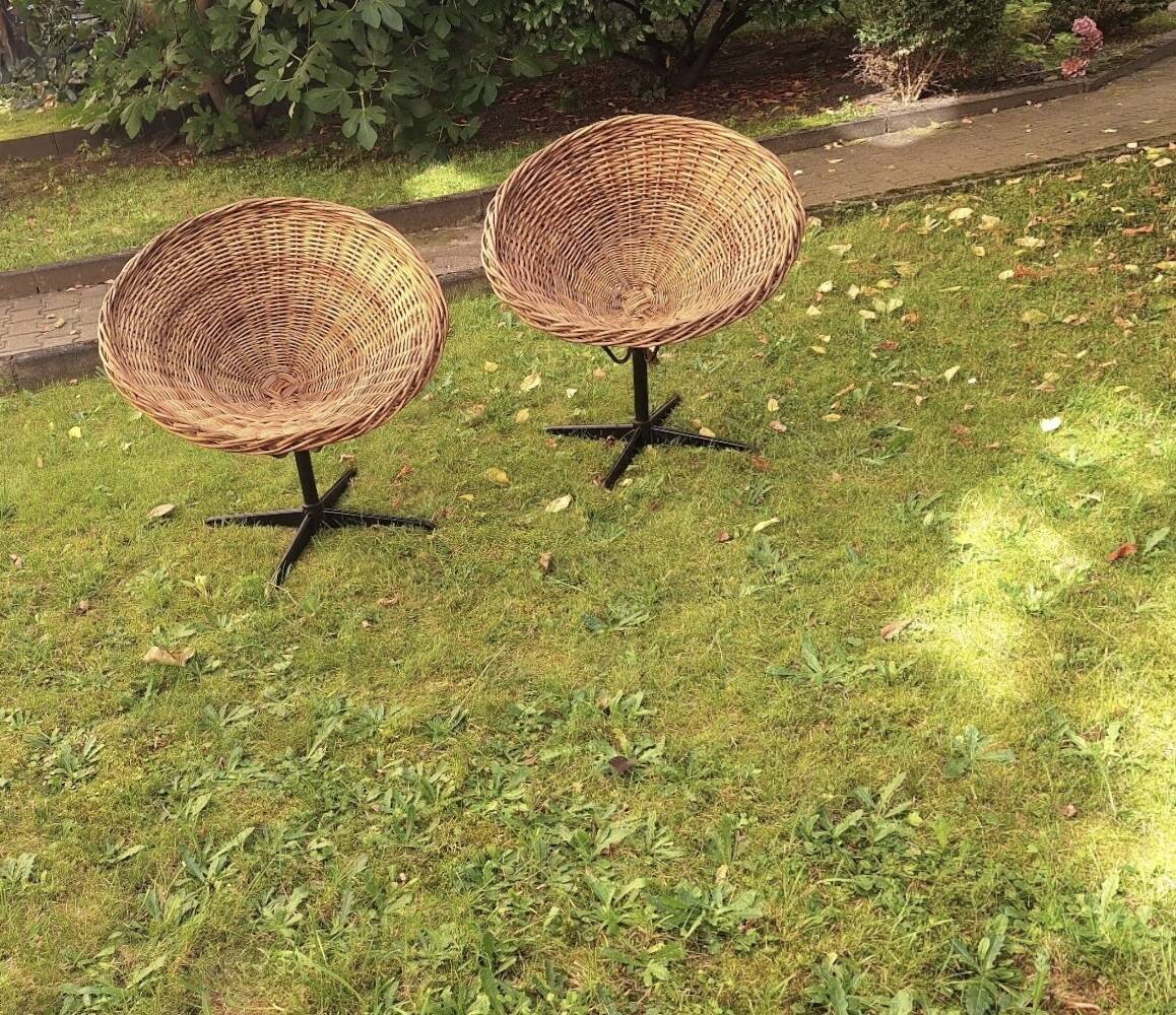 Pair of bamboo and iron pod swivel chairs, 1960s