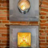 Pair of metal, resin and glass wall lights by Angelo Brotto, circa 1970