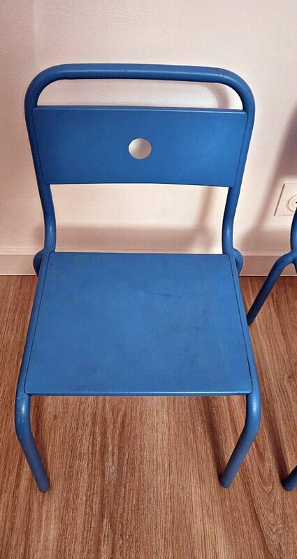 Pair of vintage blue metal school chairs – 1960s