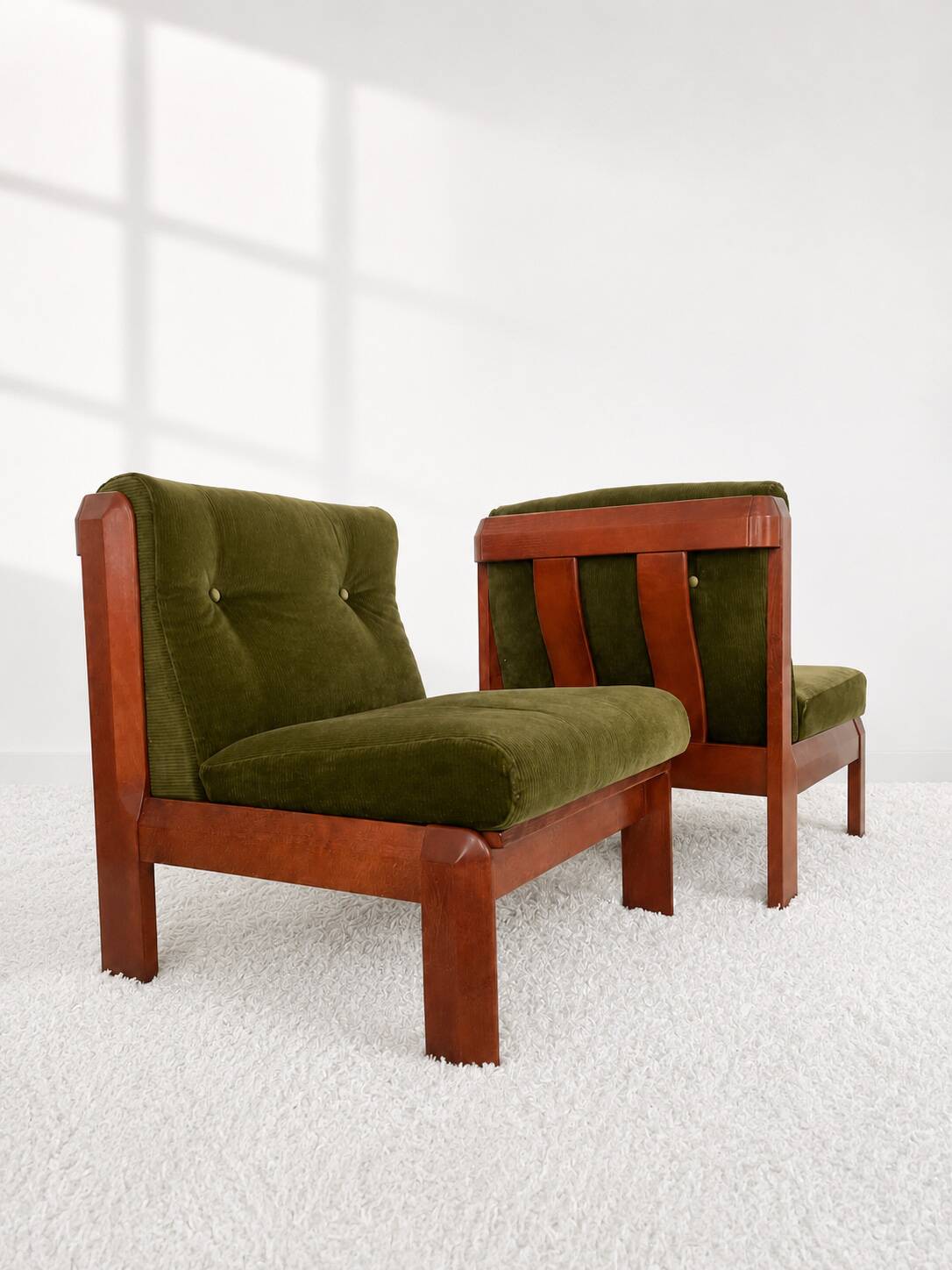 Guilleumas armchair. Upholstered in olive green velvet. Spain 70s