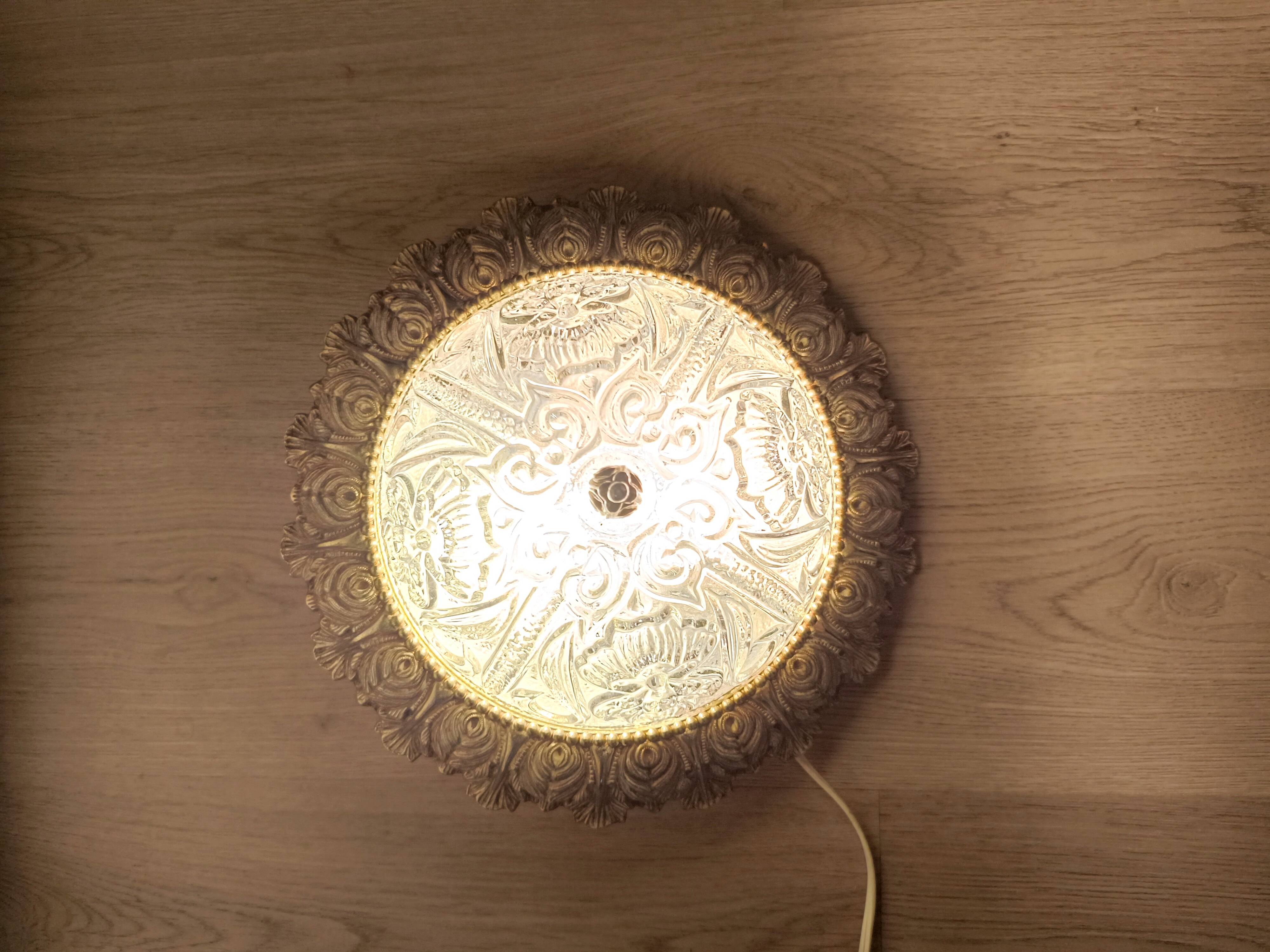 1960s molded glass ceiling light with brass crown