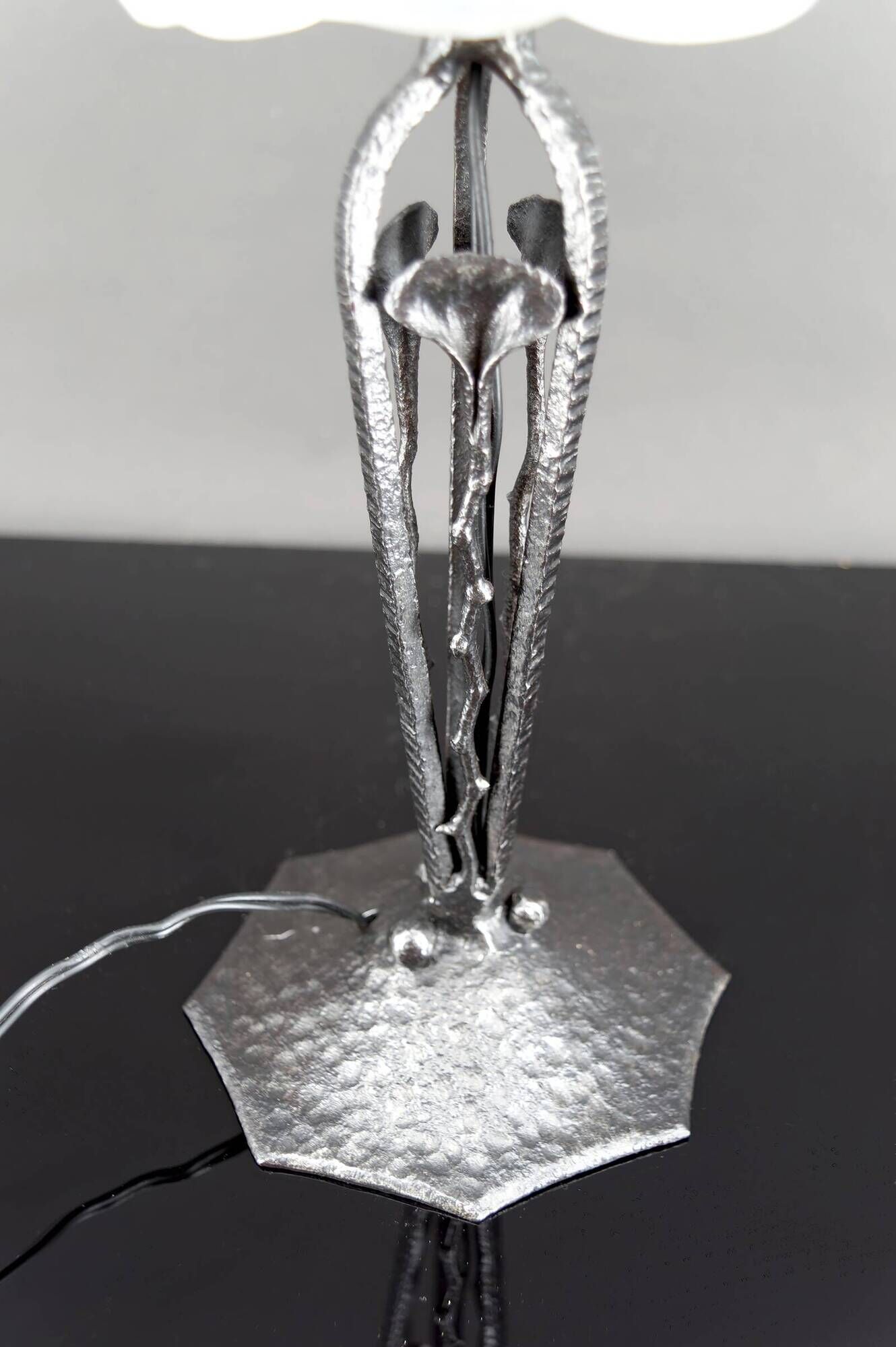 Art Deco Wrought Iron Lamp, Floral Tulip signed Degué, France, c. 1930