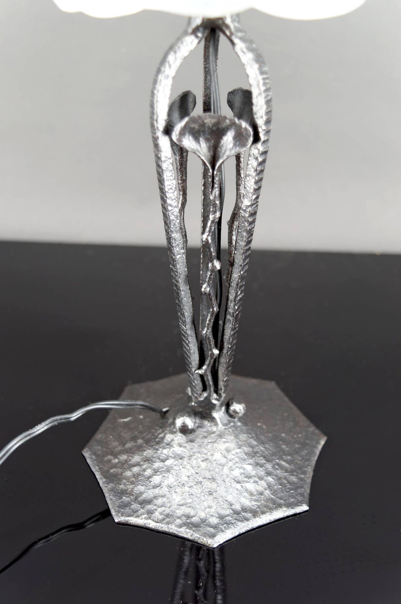 Art Deco Wrought Iron Lamp, Floral Tulip signed Degué, France, c. 1930