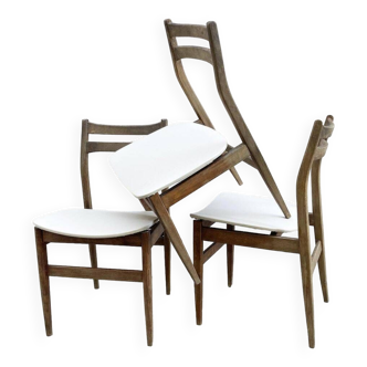 Trio of Scandinavian chairs, white leatherette and pretty patina