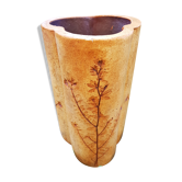 Vase trilobé motif herbier, en grès, signé Raymonde Leduc Vallauris, années 60
