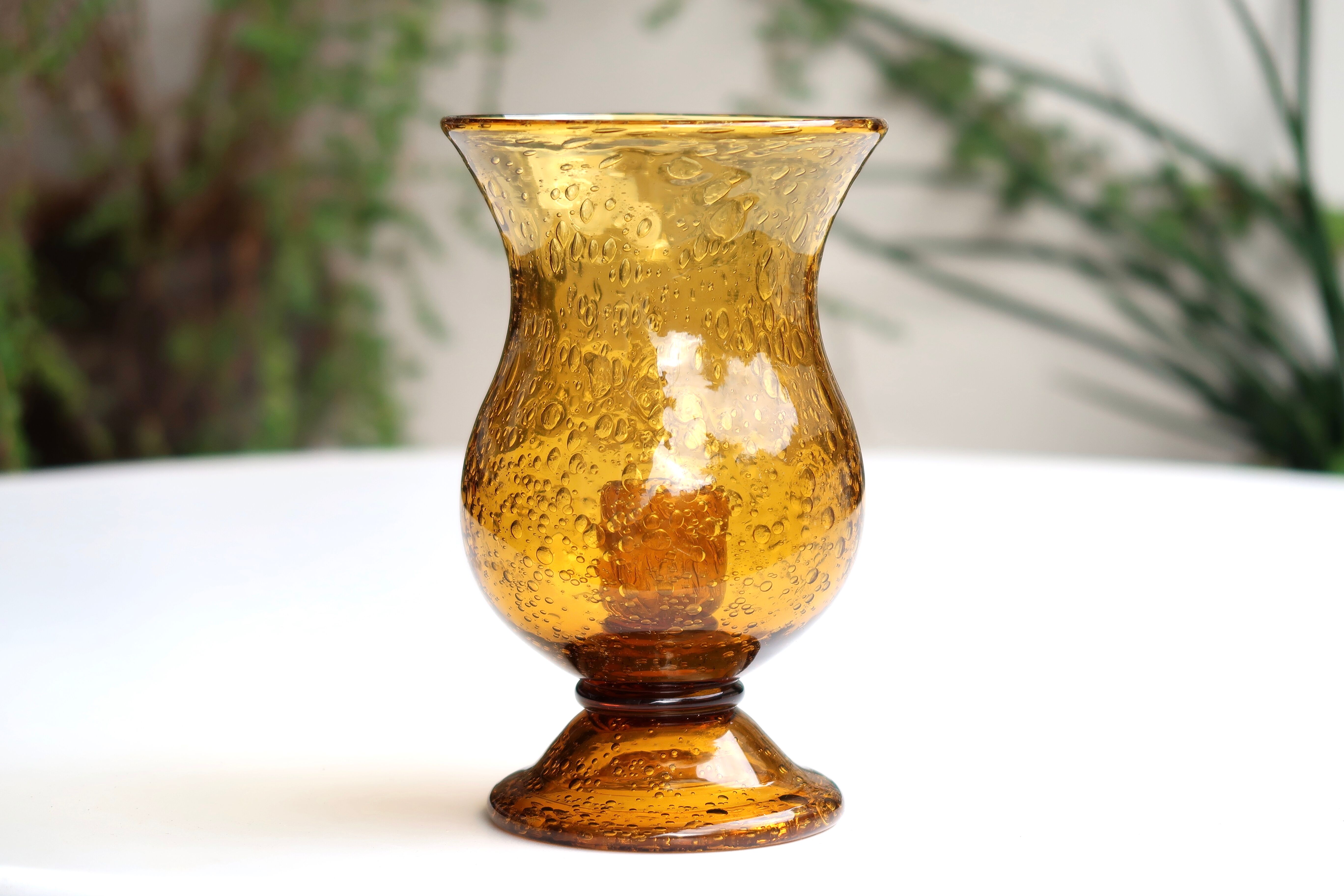 Organic amber bubble glass candle holder, 70s