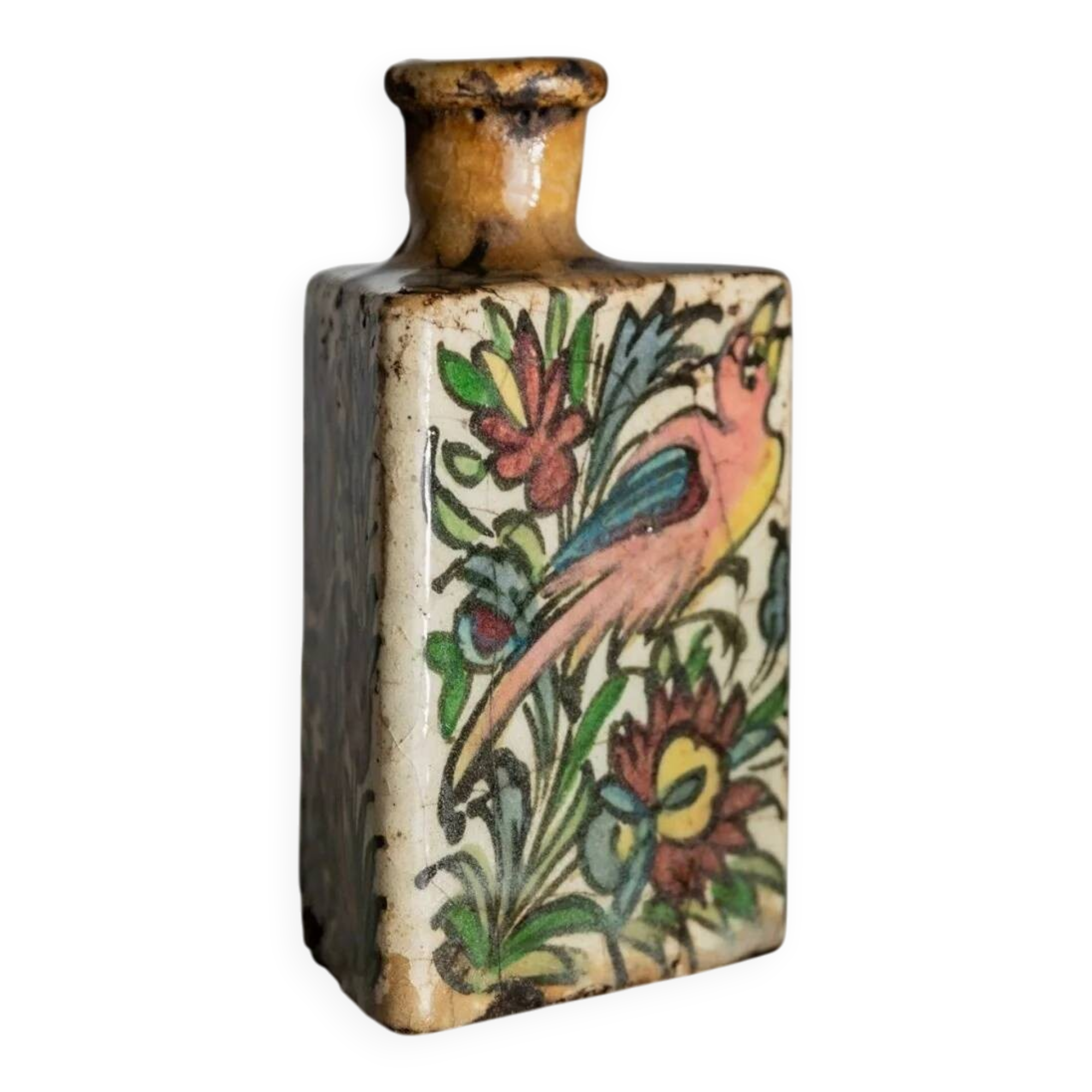 Multicolored Terracotta Bottle from Qajar Dynasty Iran, 19th Century – Hand-Painted, Unique Decorative Piece